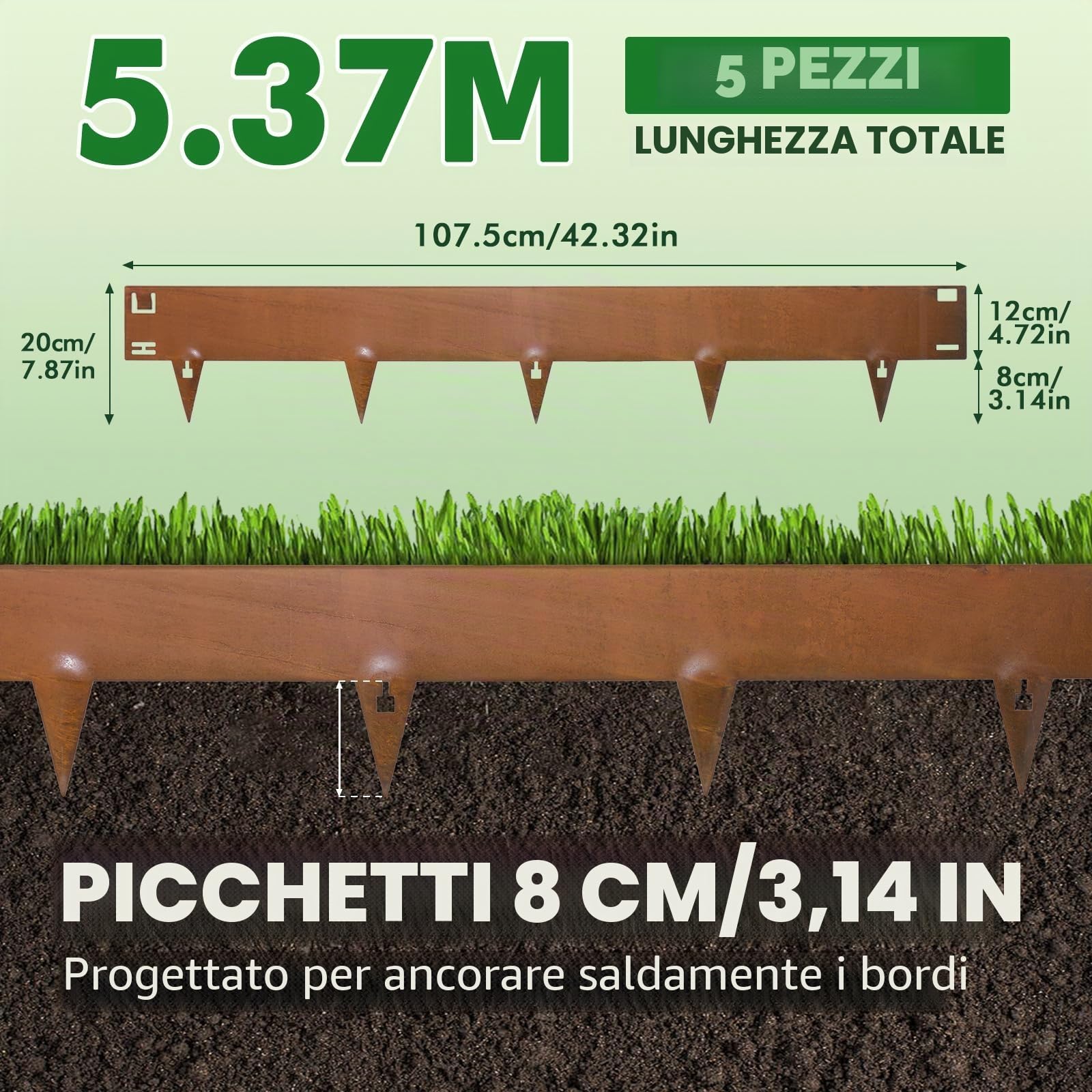 107,5 cm x 5 Bordo per aiuola in metallo Corten flessibile | Delimitazione per aiuola in acciaio | Bordo per aiuola flessibile per delimitazioni del prato, bordi del prato per delimitazioni