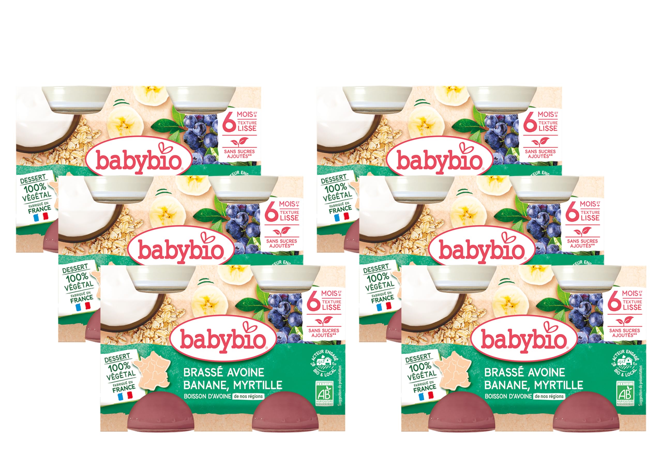BABYBIO - Petits Pots - Brassé Végétal Avoine Banane Myrtille - 2x130g - 6+ mois - BIO - Lot de 6