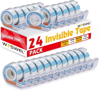 Tape Refills with Dispenser, 24 Roll Invisible Tapes, 3/4 Inch X 600 in, Gift Wrapping Tapes Supplier for Valentines Day Home School Office Use