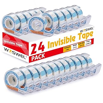 WOSWEL Tape Refills with Dispenser, 24 Roll Invisible Tapes, 3/4 Inch X 600 in, Gift Wrapping Tapes Supplier for Valentines Day Home School Office Use