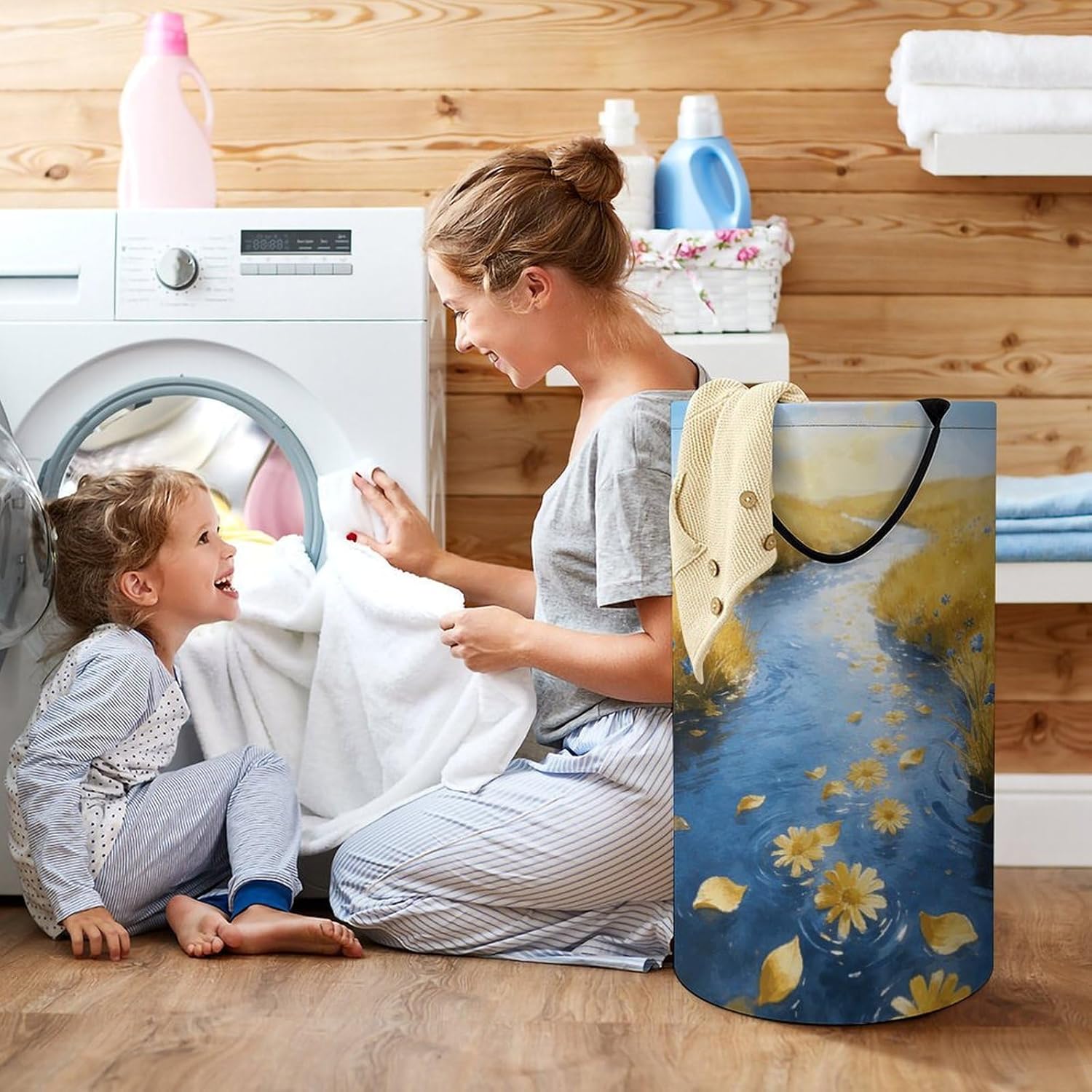 Yellow Blue Laundry Hamper with Handles Waterproof Collapsible Laundry Basket Large Lightweight Round Dirty Clothes Hamper for Home Dorm Bathroom Decor