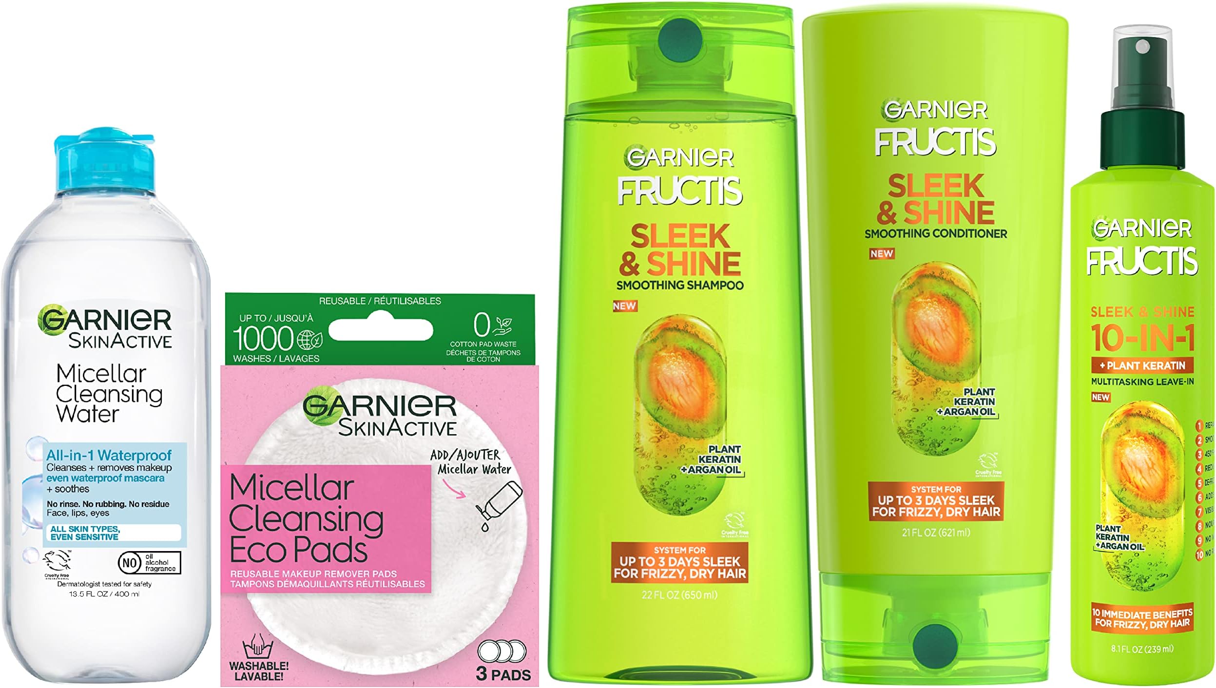 Garnier Back to School Bundle | Waterproof Micellar Water (400ml), EcoPads, Fructis Sleek & Shine Shampoo (22 fl oz), Conditioner (21 fl oz) + 10-in-1 Treatment (8.1 oz), 5 Items (Packaging May Vary)