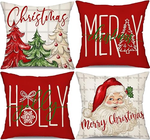 DFXSZ Juego de 4 fundas de almohada de Navidad de 18 x 18 pulgadas, diseño de árbol de Navidad, Papá Noel, decoración de casa de campo para el