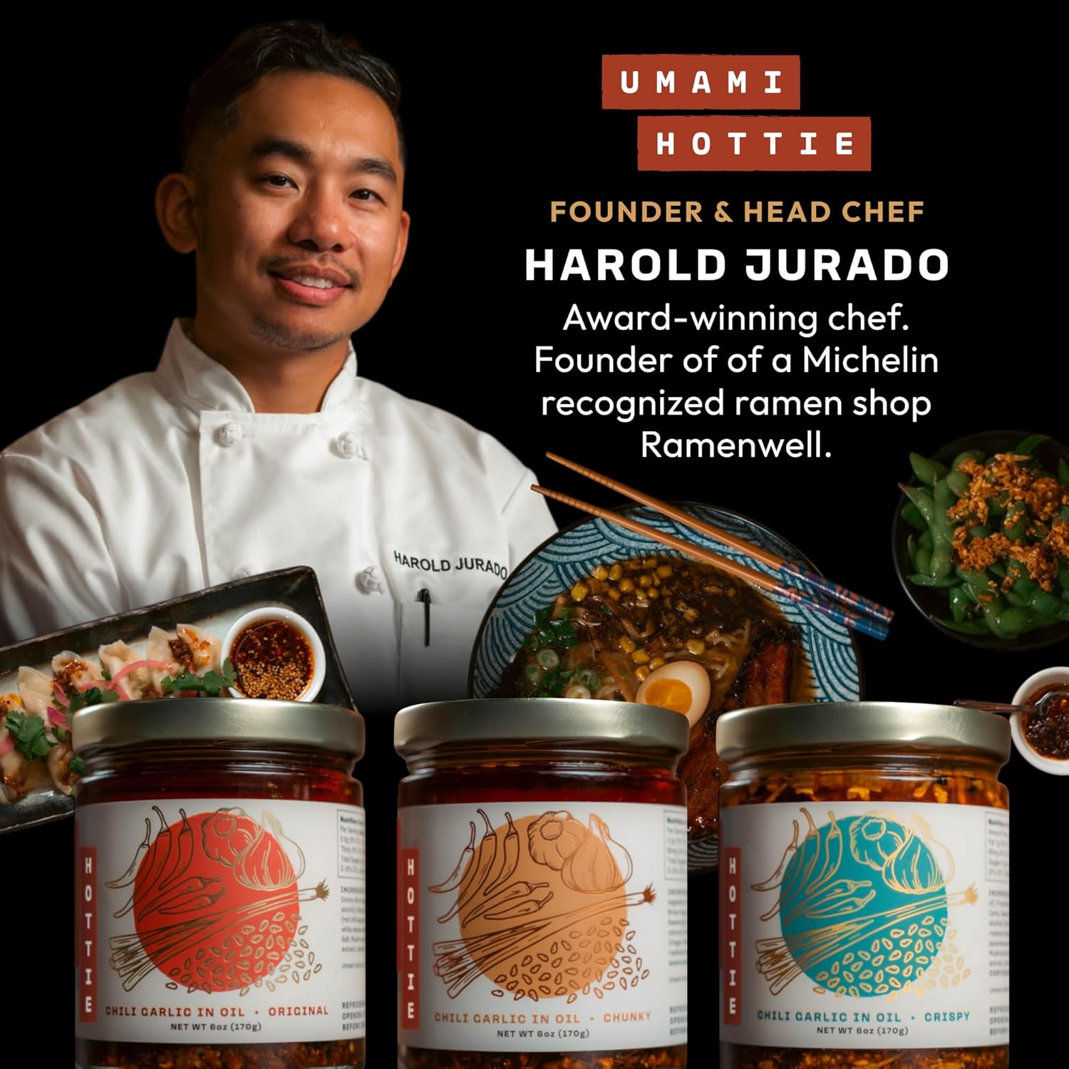 Umami Hottie Trio - Japanese Chili Oil Combo Pack | Chunky, Crispy & Original Flavors | Vegan, Gluten-Free, Hot Chilli Oil for Noodles, Ramen, Dumplings & More | Flavor Bomb 3-Pack (6 oz Each)