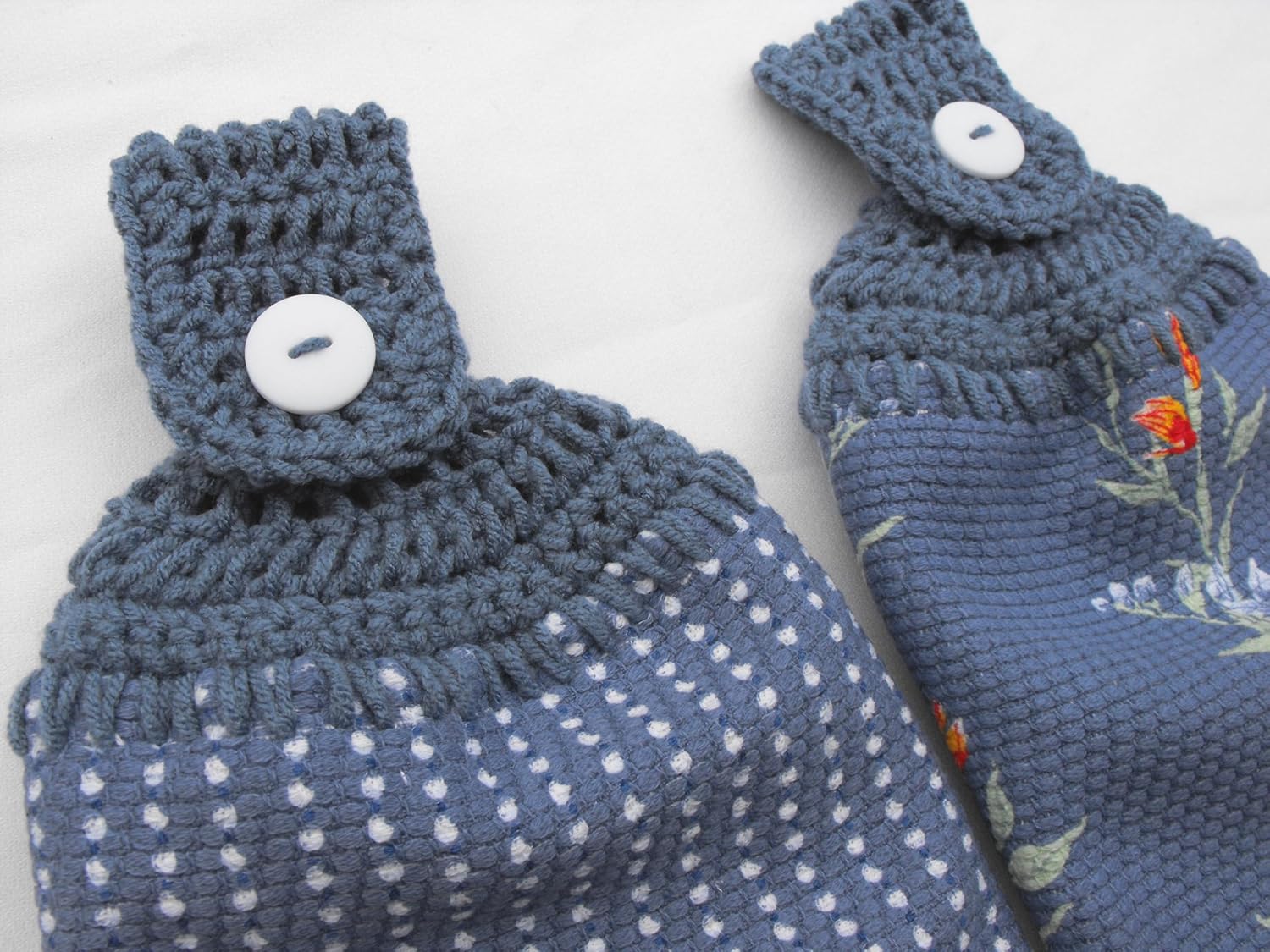 Delilah Blue Floral - 2 Double/Full Handmade Crochet TOP Hanging Kitchen Towels (Blue)