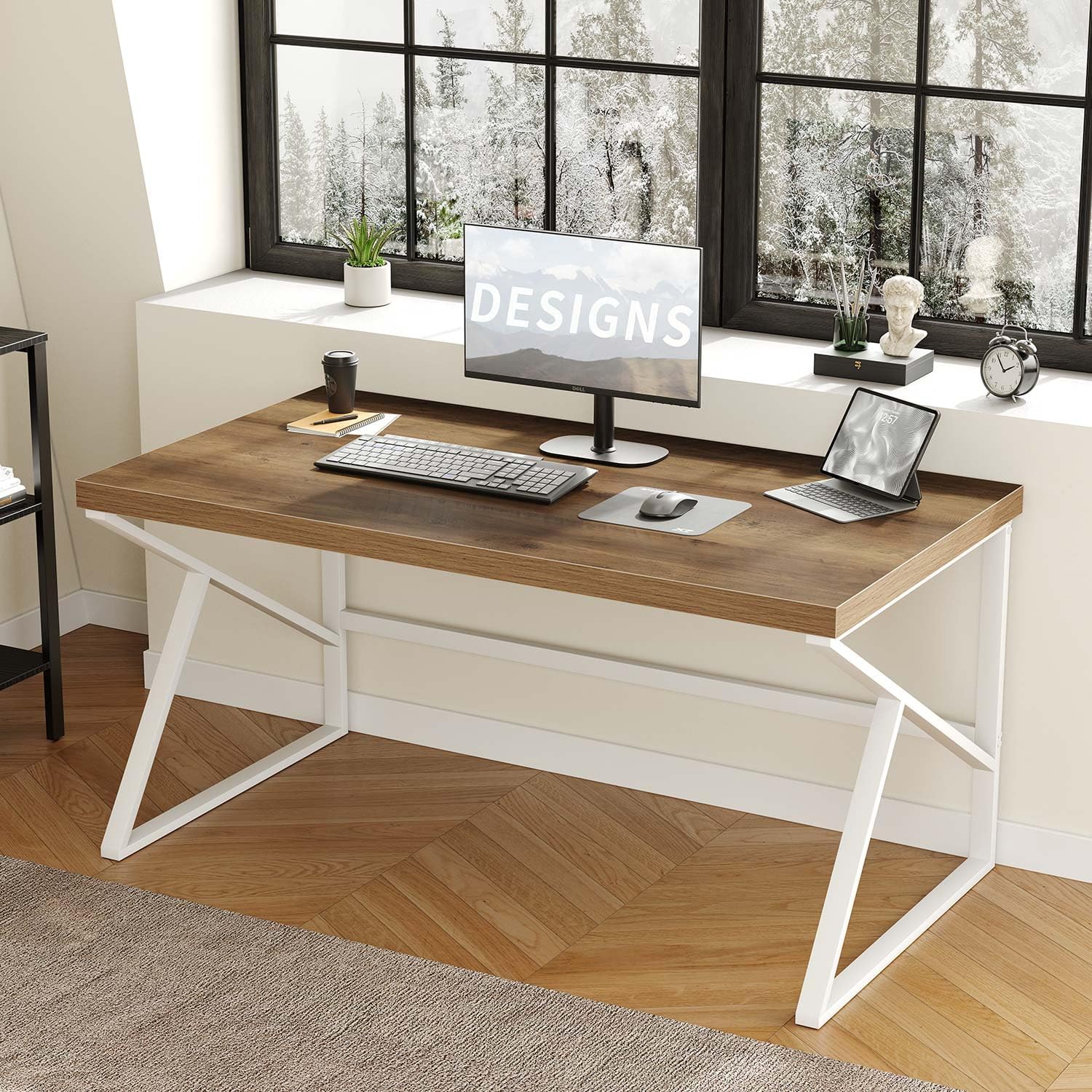 HSH Farmhouse Desk Computer Table, Modern Home Office Desk, Student Desk for Bedroom, Rustic Wood and Metal PC Laptop Desk, Simple Writing Study Gaming Desk Executive Workstation, 55 Inch