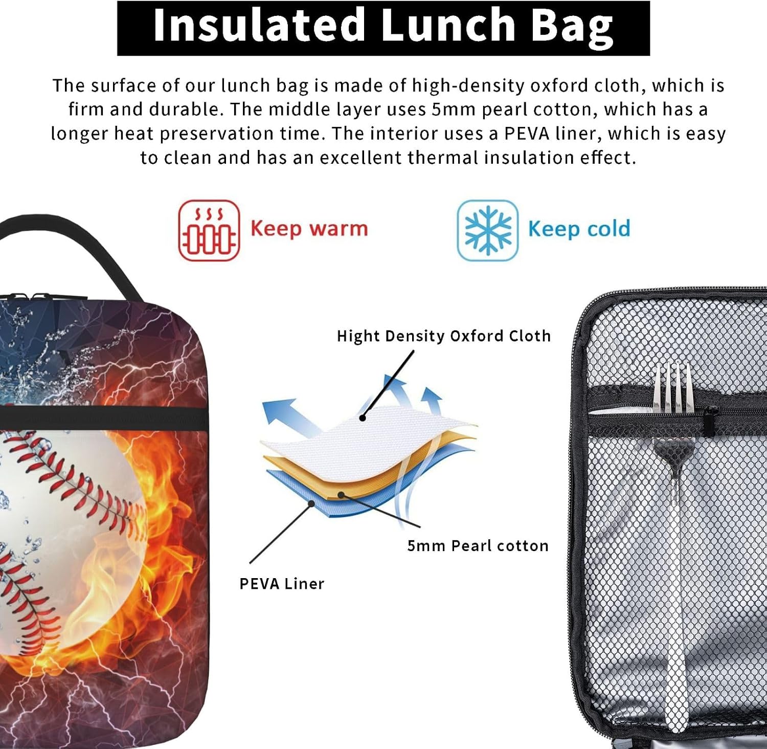 Sports-Themed Baseball Lunch Box for Boys Girls Kids Teens Adults Reusable Insulated Lunch Bag with Fire & Water Printed Ice Packs Containers Tote Handbag image 5