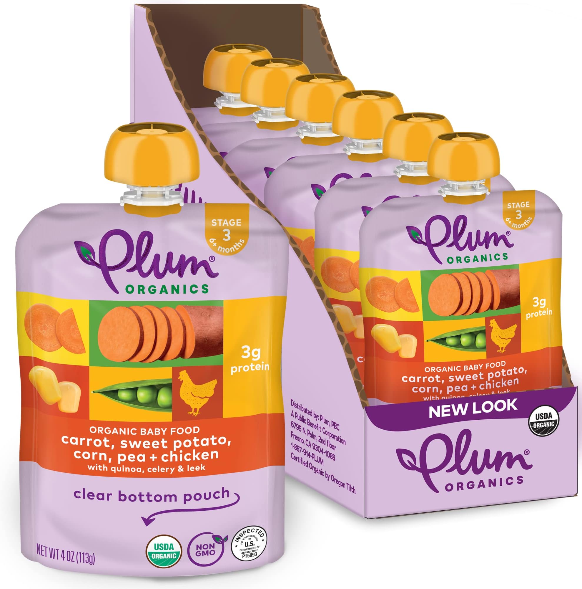 Stage 3 Organic Baby Food - Carrot, Sweet Potato, Corn, Pea, and Chicken - 4 oz Pouch (Pack of 6) - Organic Baby Food Pouch