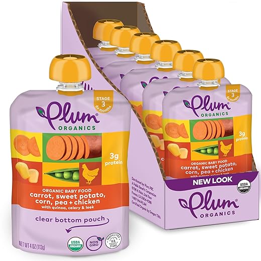 Plum Organics | Stage 3 | Organic Baby Food Meals [9+ Months] | Carrot, Sweet Potato, Corn, Pea & Chicken | 4 Ounce Pouch (Pack Of 6) Packaging May Vary