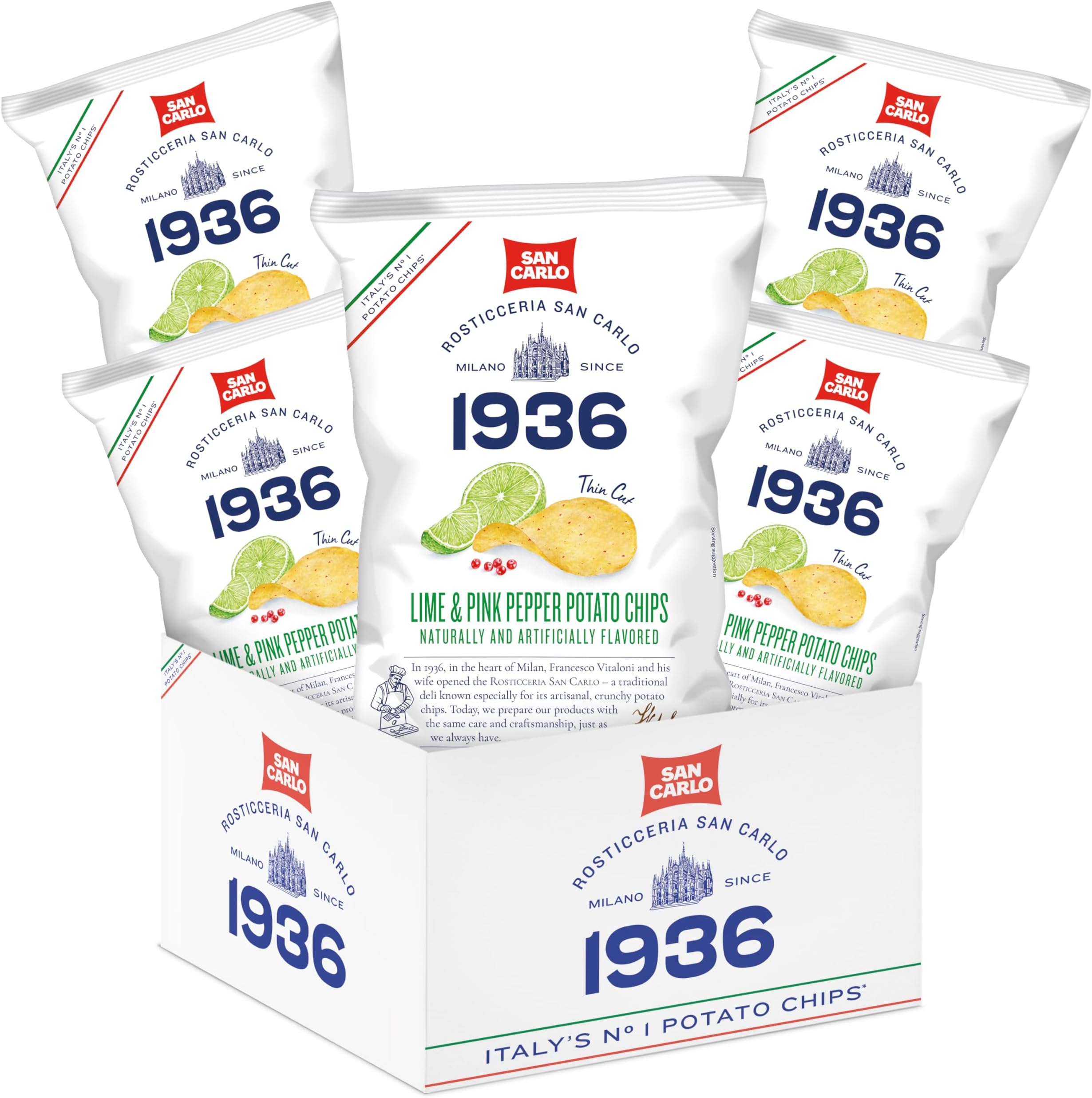 San Carlo n°1 Italian Potato Chips - Lime&Pink Pepper Potato Chips Multi Pack 5x150g