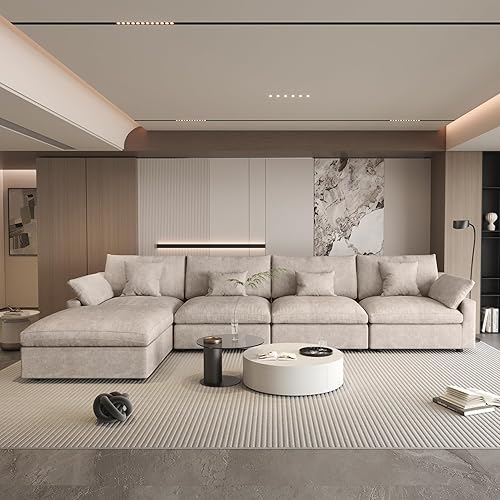 Miniatura 87 de WJShome - Sofá seccional modular en forma de nube para sala de estar, sofá de 160" con relleno de plumón en forma de U con otomano, sofás