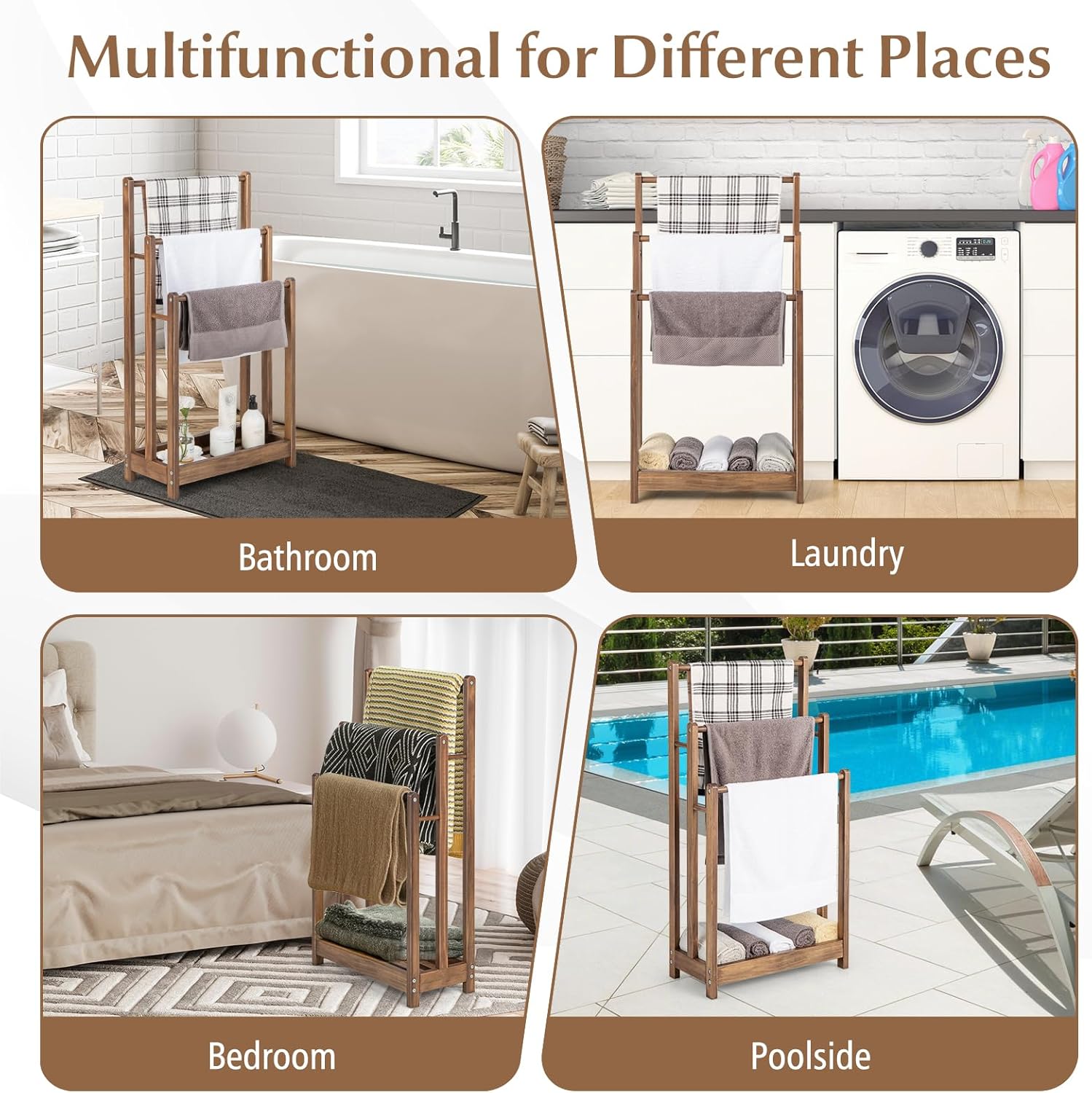 Giantex Towel Rack for Bathroom - 3 Tier Freestanding Towel Racks with Storage Shelf, Wood Hand Towel Drying Stand, Blanket Holder for Living Room, Laundry Room, 18" L x 9" W x 34" H (Rustic Brown)