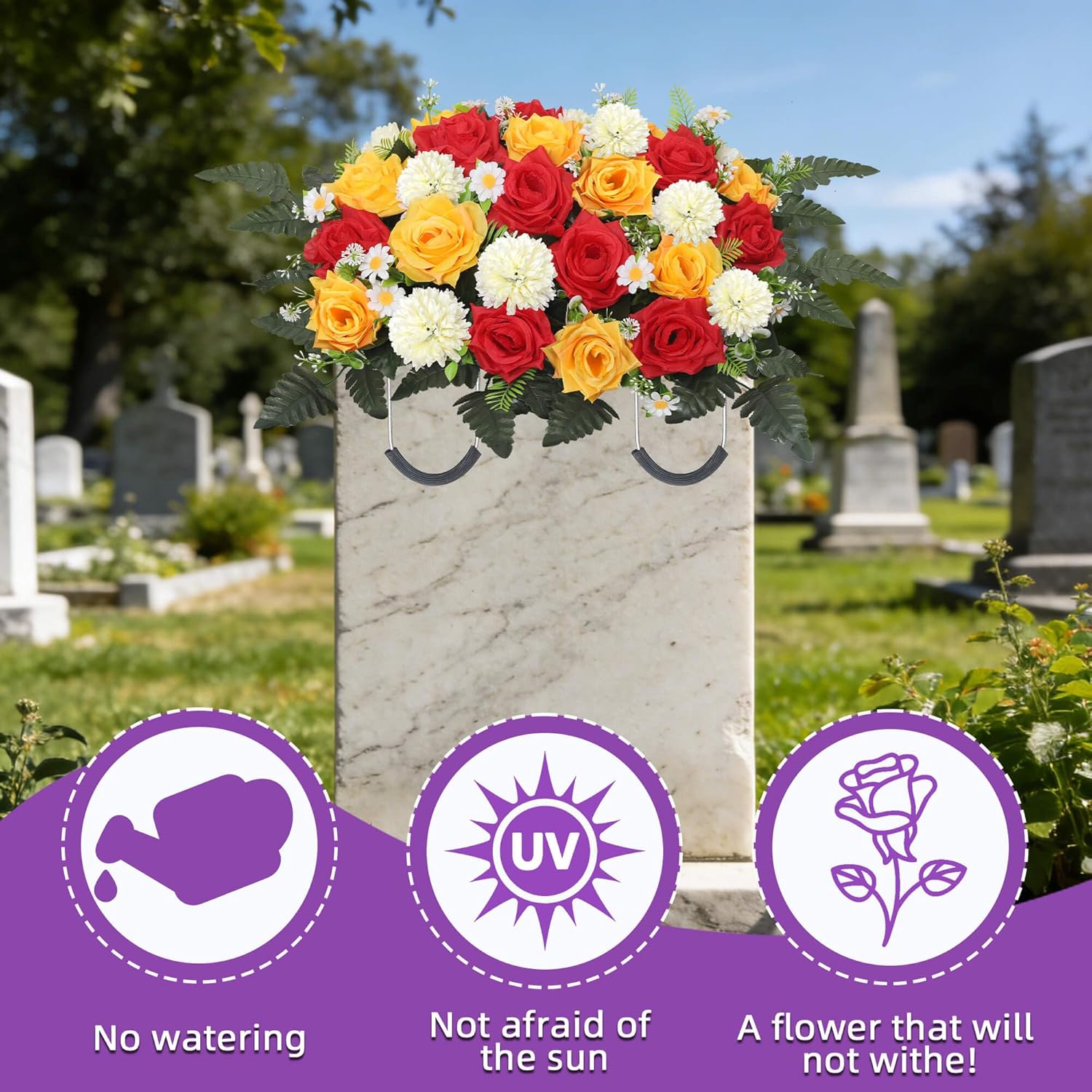 Lodou Artificial Cemetery Flowers,Headstone Flower Saddle,Realistic Vibrant Roses,Cemetery Memorial Flowers for Outdoor Tombstone Decorations (Red Yellow)