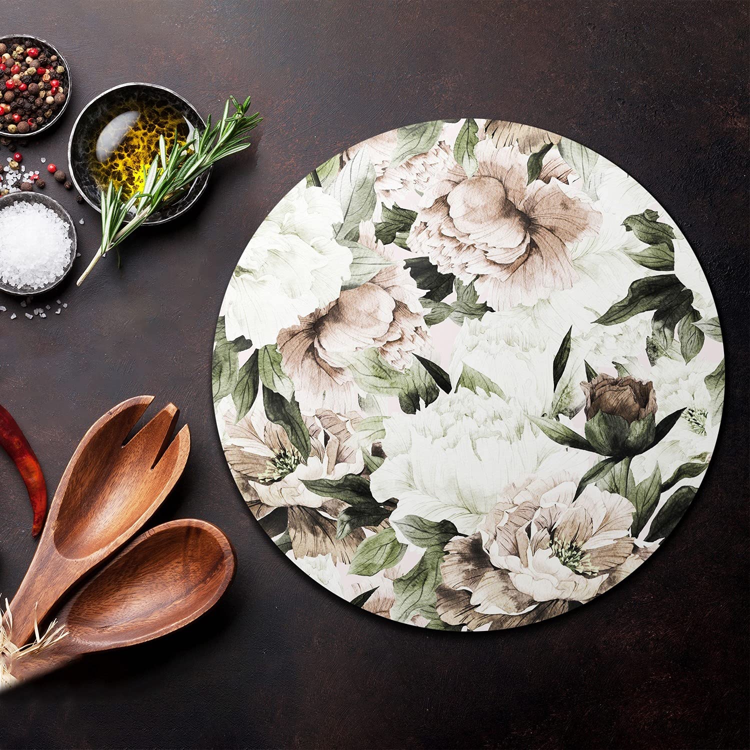 Coloray Planche À Découper Protection Plaque Tapis de Découpe Rond ⌀ 40 cm Induction Cuisson Verre Trempé - Couverture pivotement pivotement bouquet de blush floral floral