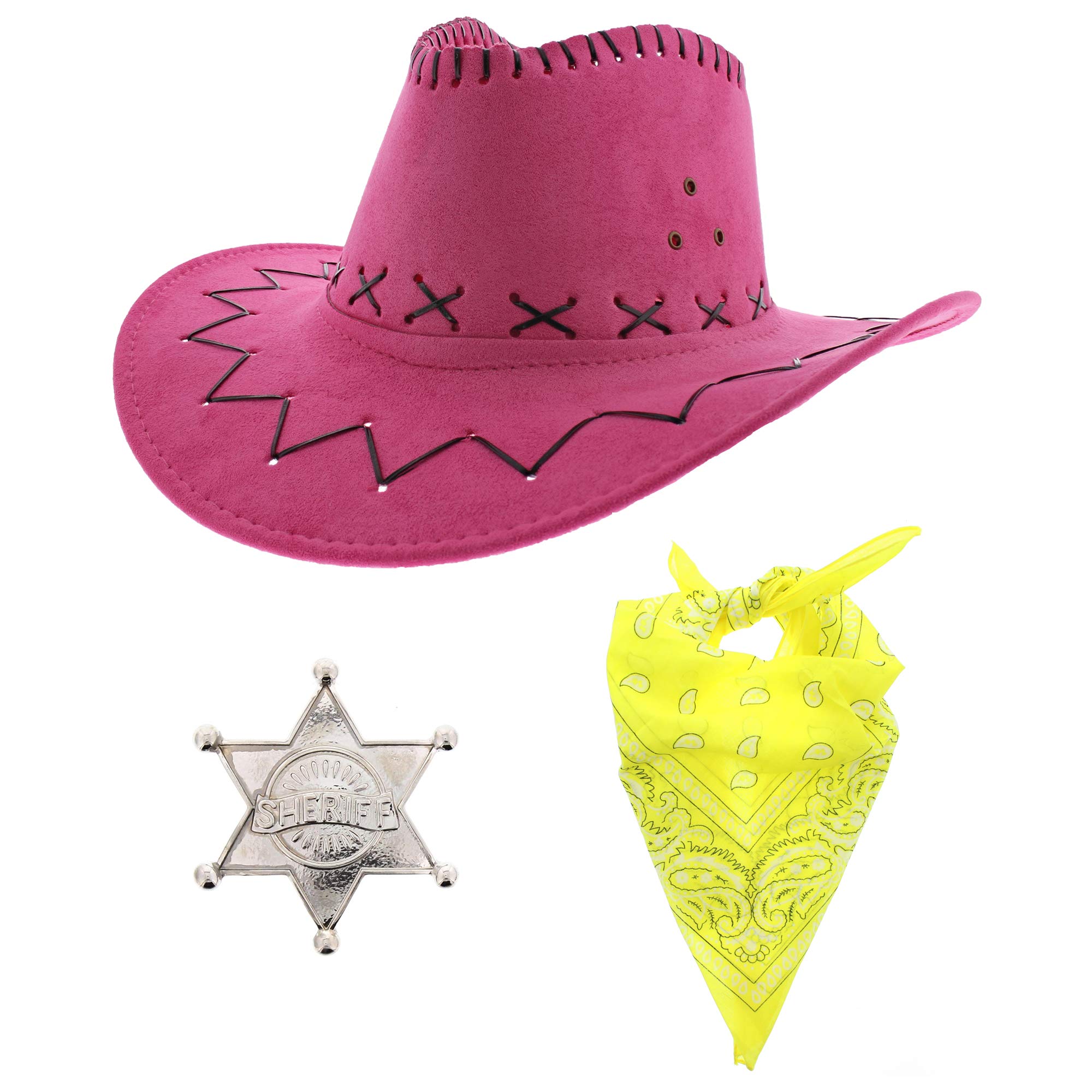 Zac's Alter Ego Fancy Dress Cowboy Sheriff Badge, Hat & Bandana/Neckerchief Set, Pink Hat, Yellow Bandana