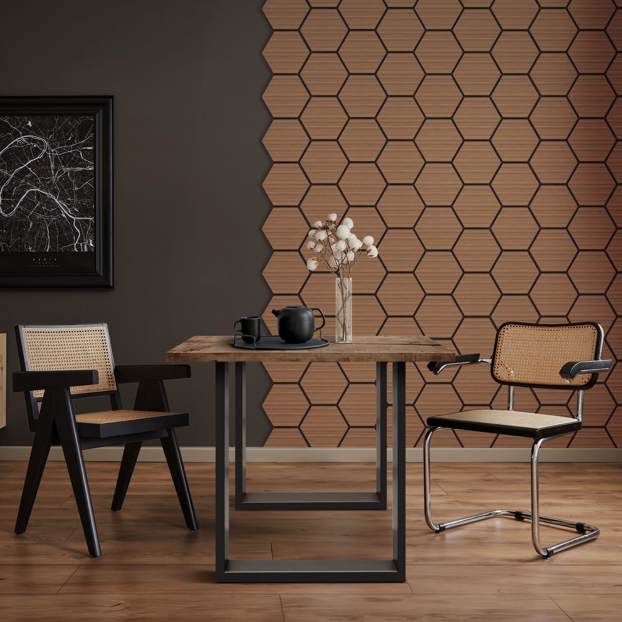ML-Design Set di 2 Pannelli Acustici 66x81x2 cm per 1 m² Teak Pannelli Murali Fonoassorbenti in MDF con Effetto Legno Esagonale Rivestimento da Parete per Isolamento Acustico per Ufficio e Studio