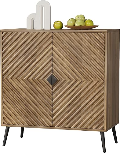 Miniatura 9 de Smuxee Aparador de nogal con puertas de diamante estriadas, gabinete de buffet independiente con estante ajustable, armario de almacenamiento de