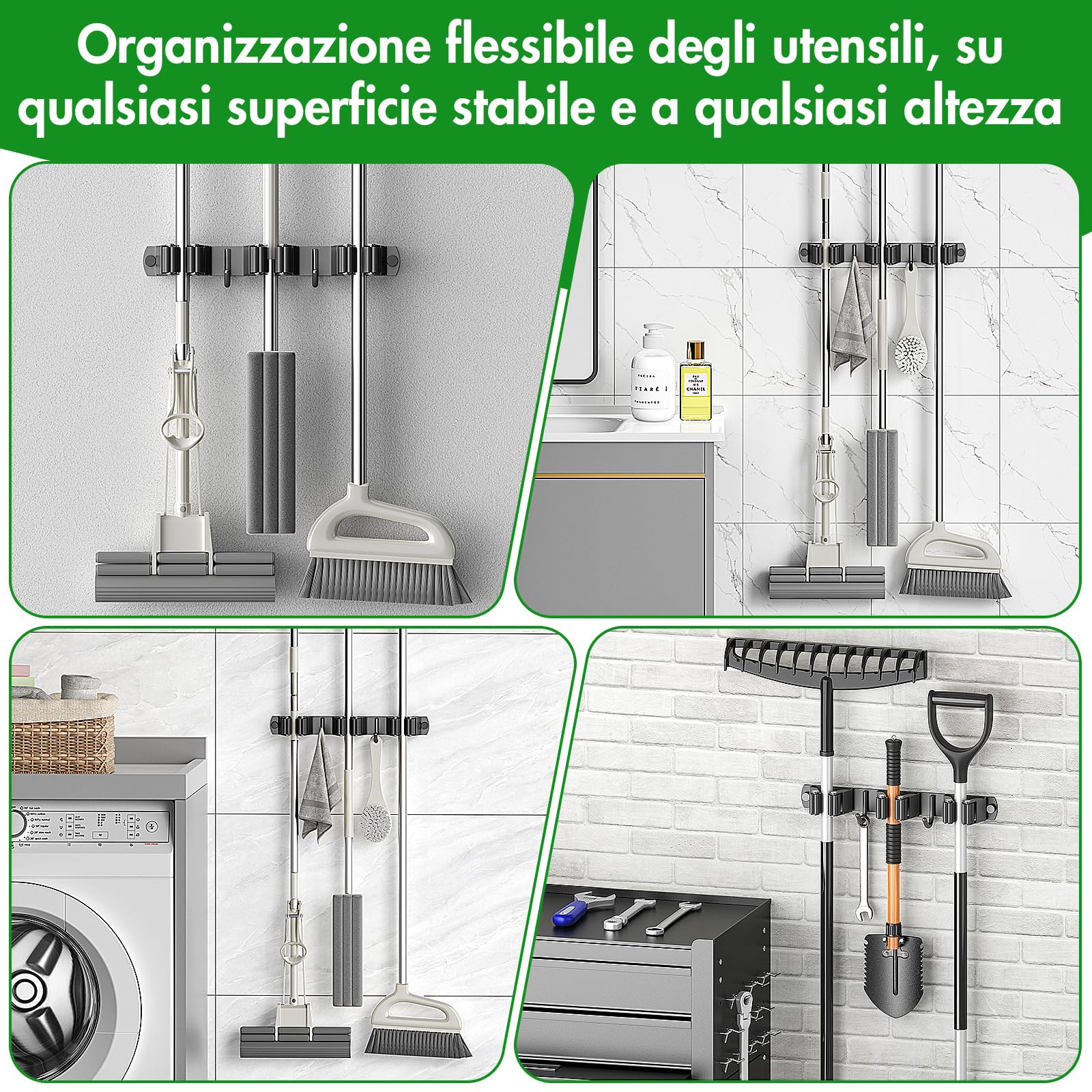 Radikor Porta Scope Parete, Portascope da Muro con 4 Supporti e 3 Ganci, Appendi Scope a Muro Autoadesivo, Appendiscope in Acciaio Inox Avvitabile, Ganci Porta Attrezzi da Giardino, Nero