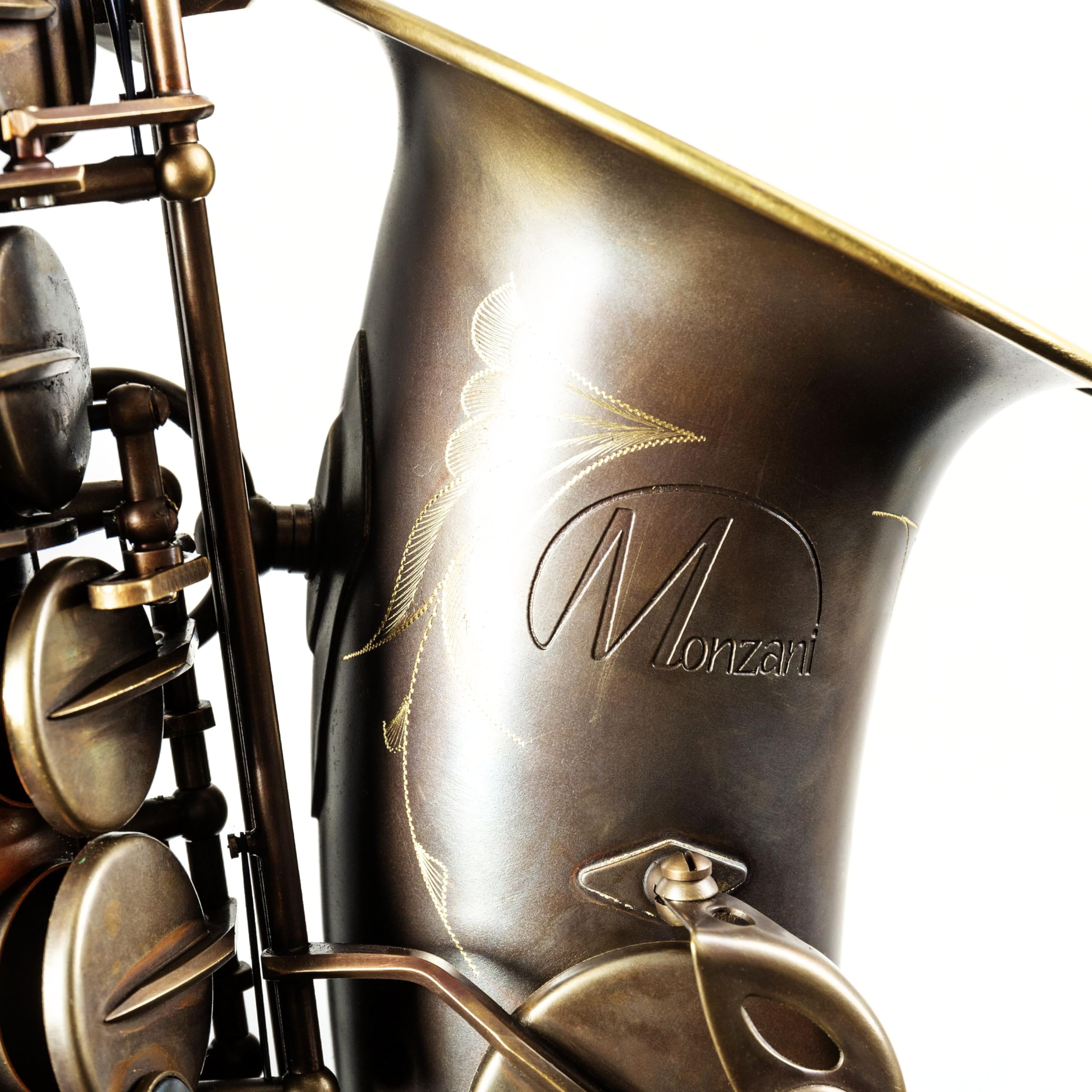 Monzani MZAS-580 Altsaxophon, Unlackiert, Messingkorpus, Handgraviert, Vintage Sound, Inklusive Mundstück und Wischer, Koffer und Tragegestell, Perfekte Intonation, Hochwertige Polster, Blaustahl