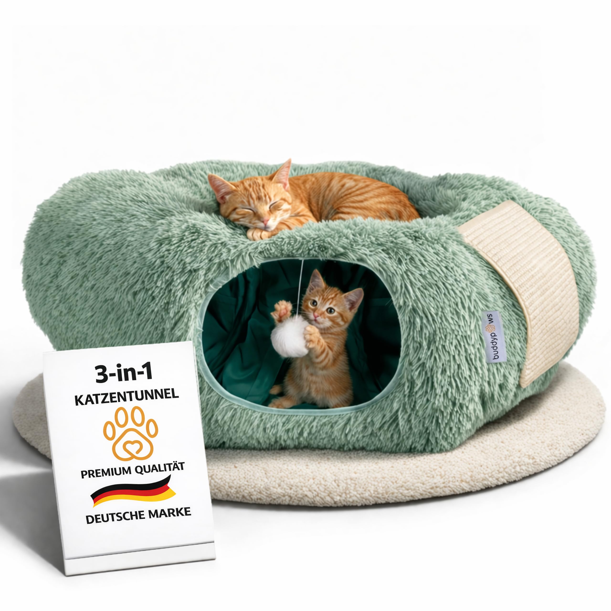 3-in-1 Katzentunnel mit Katzenbett & Kratzflächen | Flexibel nutzbarer Premium Katzentunnel aus weichem Plüsch als Katzenhöhle, Katzenkorb & Katzenspielzeug | Waschbar | Mit Sisal Kratzmatte | Salbei