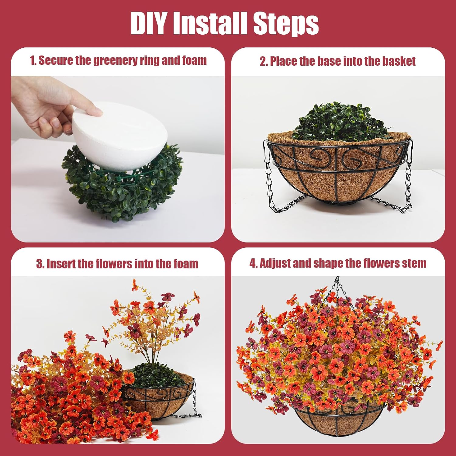 Fall Artfiticial Hanging Flowers Baskets for Outdoors, UV Resistant Fake Fall Hanging Plants, Faux Orange Flowers for Autumn Home Patio Garden Front Porch Balcony Decor (Orange Red) - Image 7