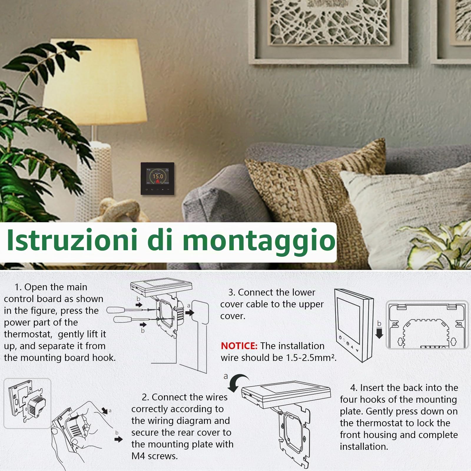 Wengart Termostato Smart WiFi per Riscaldamento a Pavimento ad Acqua, Display TFT a Colori da 2.4", 3A 230V, 6 Lingue (Italiano Incl.), Compatibile con Alexa e Google Home, App Tuya, Nero, WG380