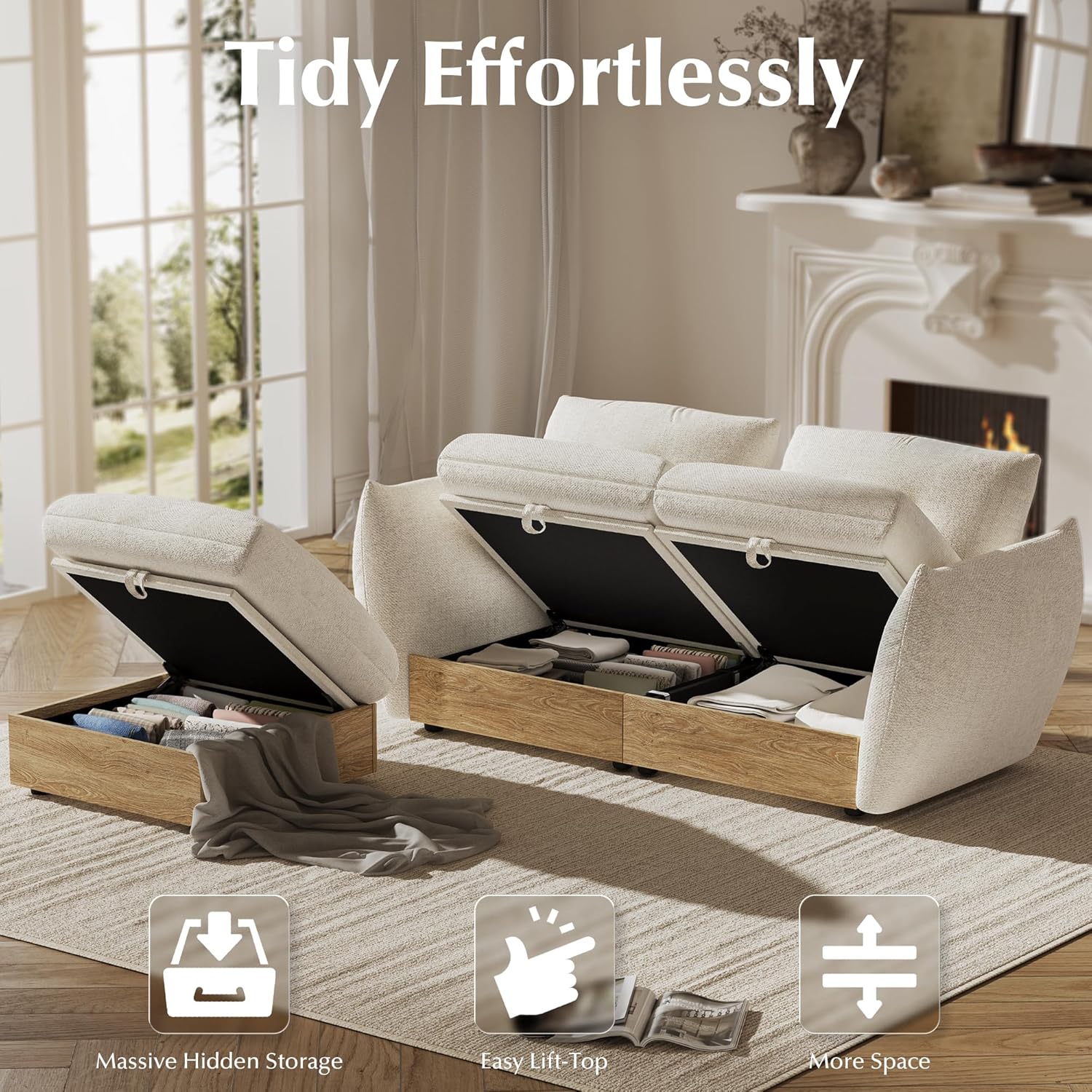 70" L Shaped Sofa Modular Sectional Cloud Couch with Storage, Cotton and Linen Fabrics Modern Oversized Deep Seat Sofa with Armrest Pillow, Easy Assembly for Living Room, Apartment, Ivory