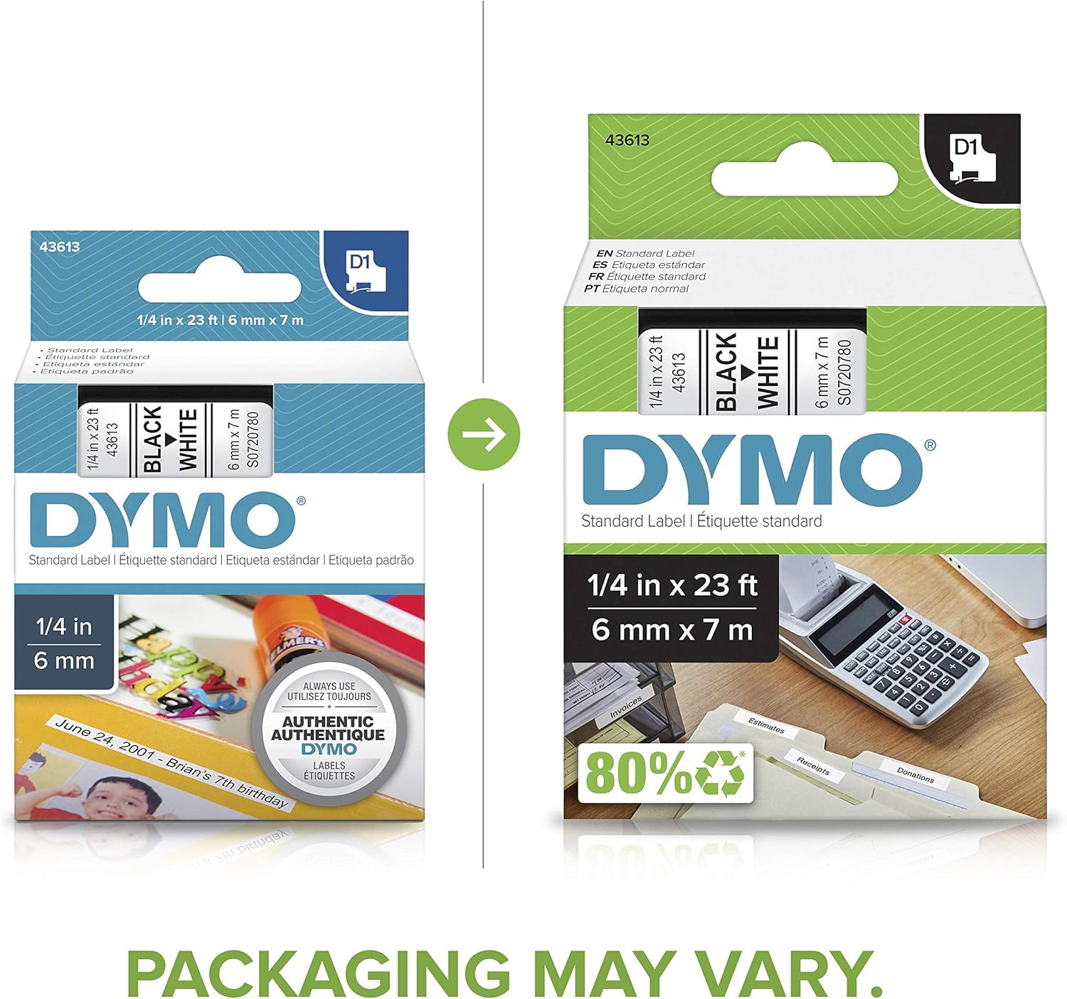DYMO Standard D1 43613 Labels for LabelManager Label Makers, 1/4" W x 23' L, Black Print on White Tape, Self-Adhesive, 1 Cartridge