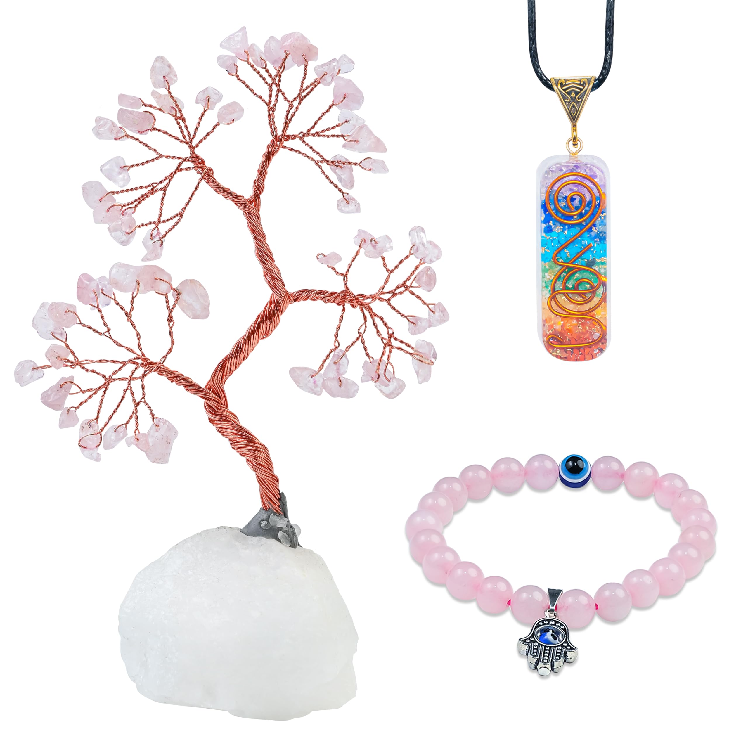 Crocon House Warming Gifts & Vastu Items – Rose Quartz Tree with Quartz Base, Rose Quartz Bracelet & Seven Chakra Pendant – Crystal Healing Gifts for Women, Bedroom Decor, Wedding Gift for Couples