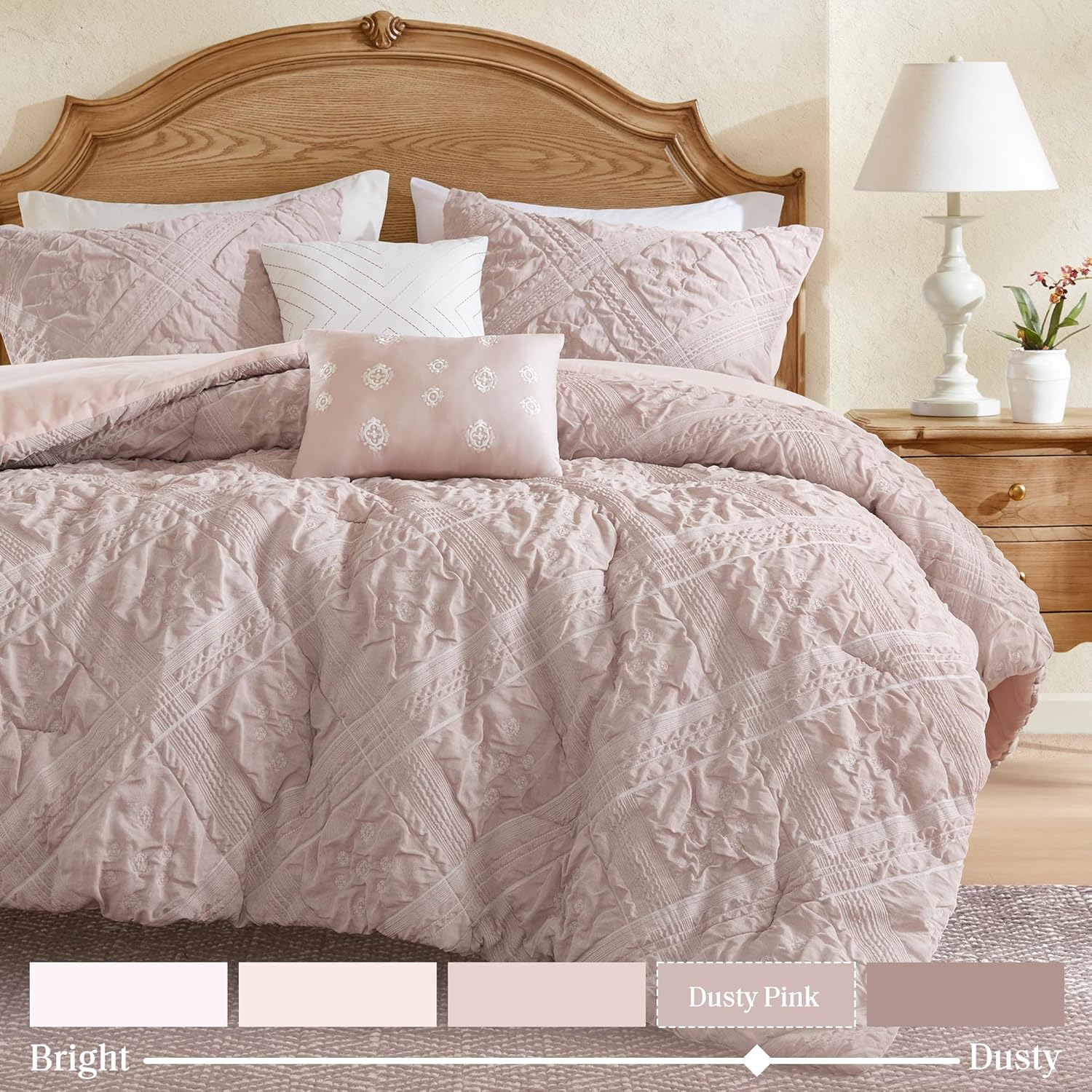 Madison Park Shabby Chic Comforter Set 5-Piece Queen Size, Puffy Seersucker Textured Grid Pattern Boho Bedding, Dusty Pink Plaid Comforter with 2 Shams & 2 Decorative Pillows