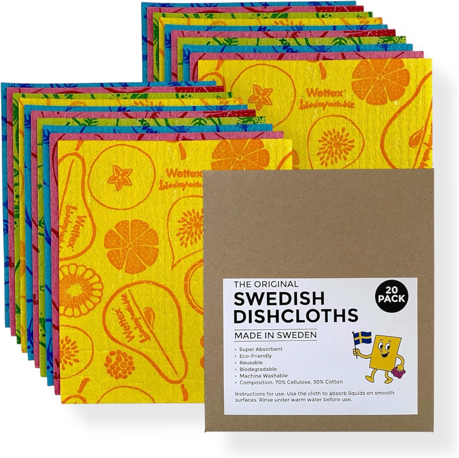Original Swedish Dishcloths – 20 Pack Reusable Cellulose Sponge Cloths | Made in Sweden | Eco-Friendly, Absorbent Dish Rags for Kitchen, Counters & Household Cleaning