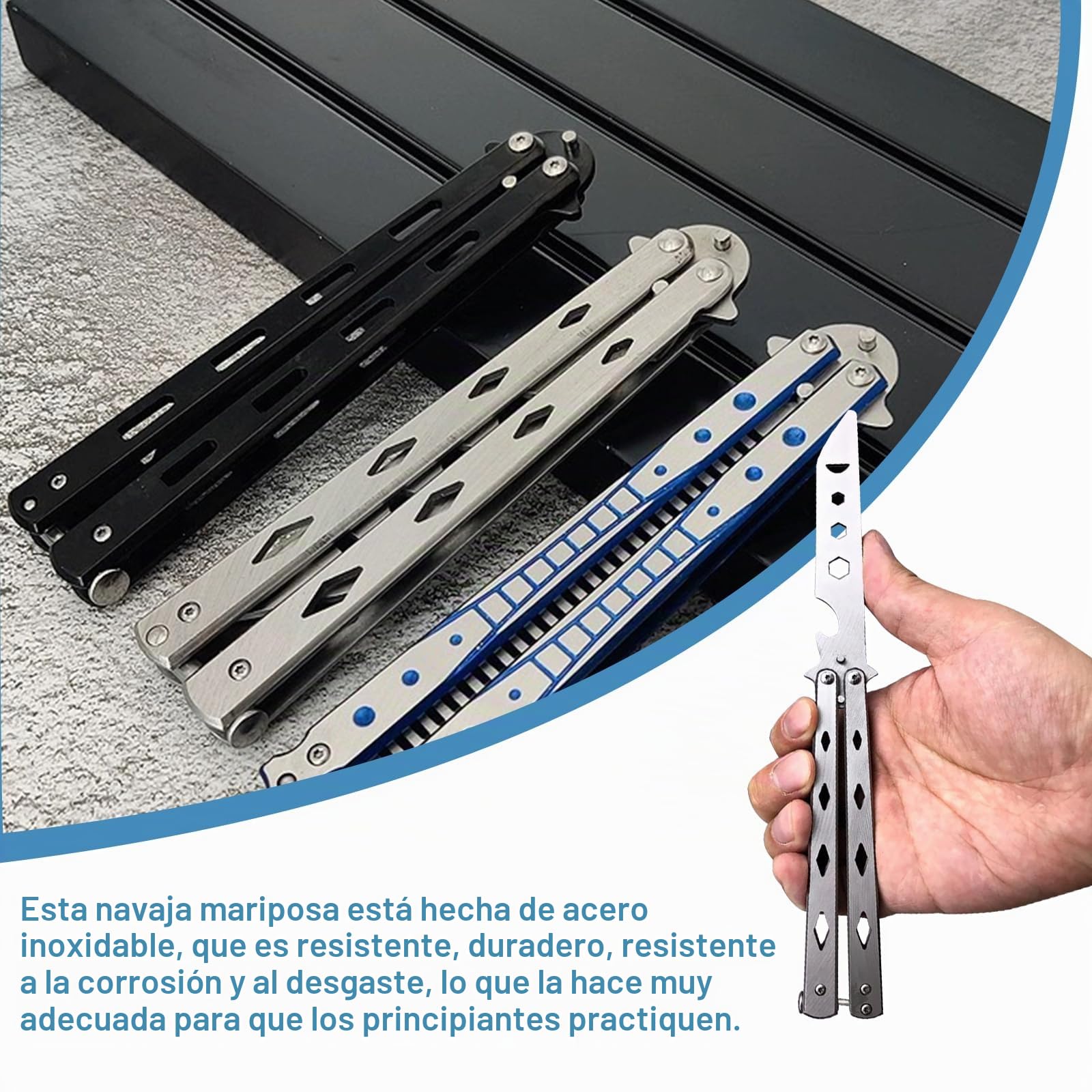 Navaja mariposa entrenamiento acero inoxidable hoja desafilada 3 unidades principiantes trucos plata negro azul