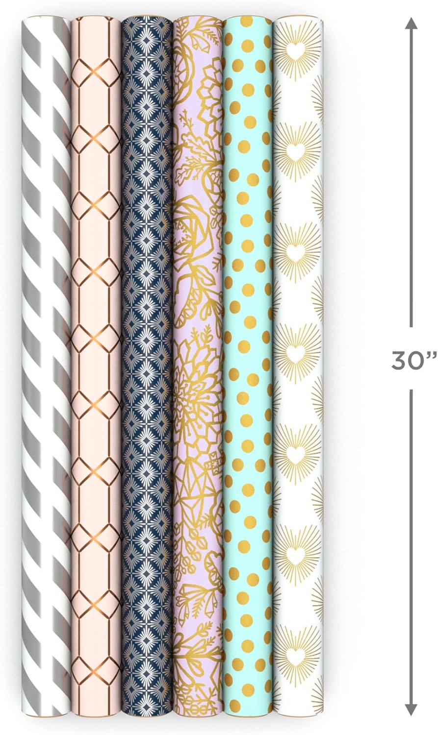 Hallmark Wrapping Paper with Cutlines on Reverse (6 Rolls: 180 Sq. Ft. Total) White and Silver Stripes, Mint Green, Gold Hearts and Flowers for Valentine's Day, Weddings, Bridal Showers, Birthdays