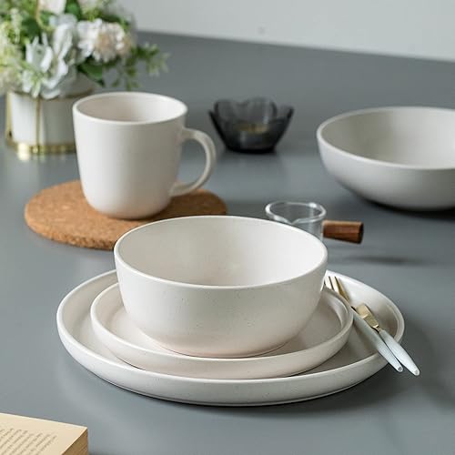 Miniatura 3 de SKUGGA Round Stoneware 16pc Double Bowl Dinnerware Set for 4, Dinner and Side Plates, Cereal and Pasta Bowls - Matte White(466077)