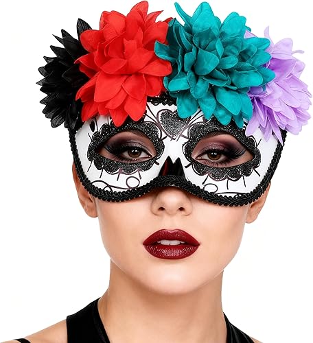 Miniatura 3 de GREUS Máscara de calavera de azúcar para mujer, máscara del Día de los Muertos mexicano, máscara de mascarada de flores, máscara de media cara para