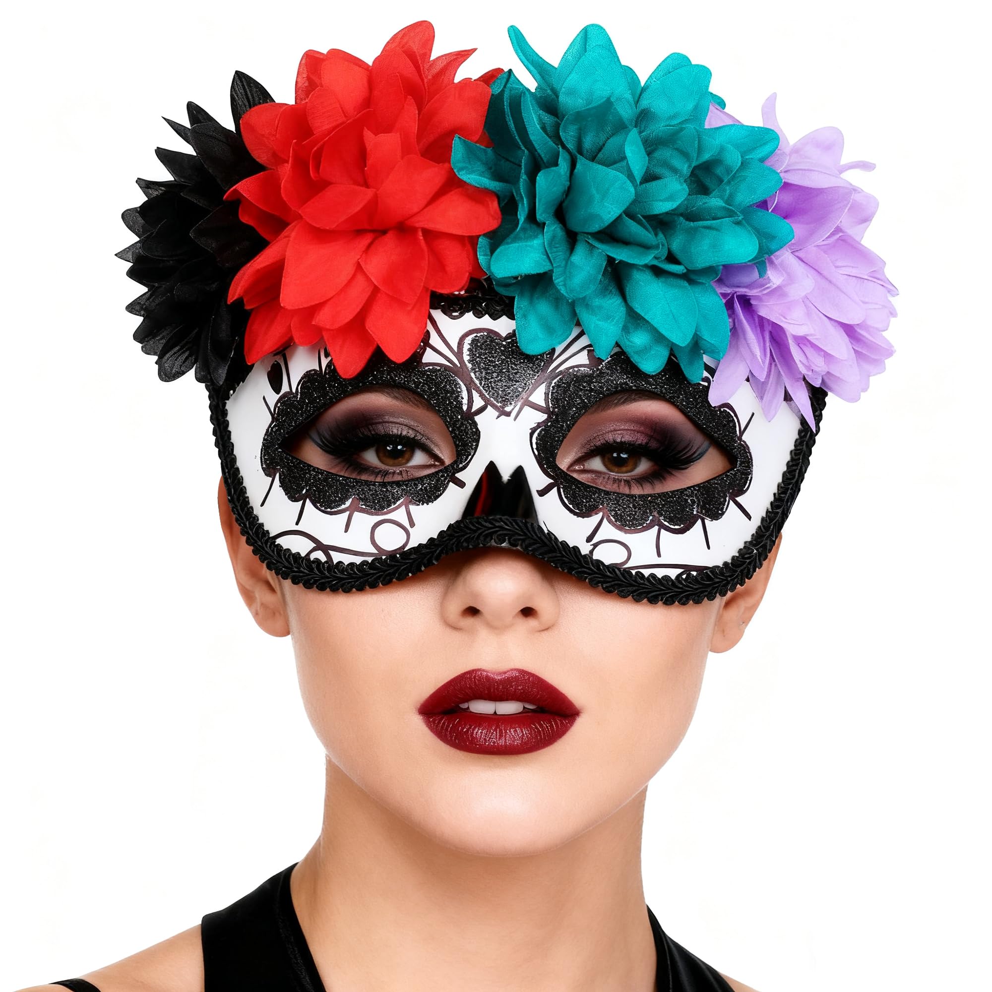 GREUS Sugar Skull Mask Women Mexican Day of the Dead Mask Flower Masquerade Masks for Halloween Costume Cosplay Party