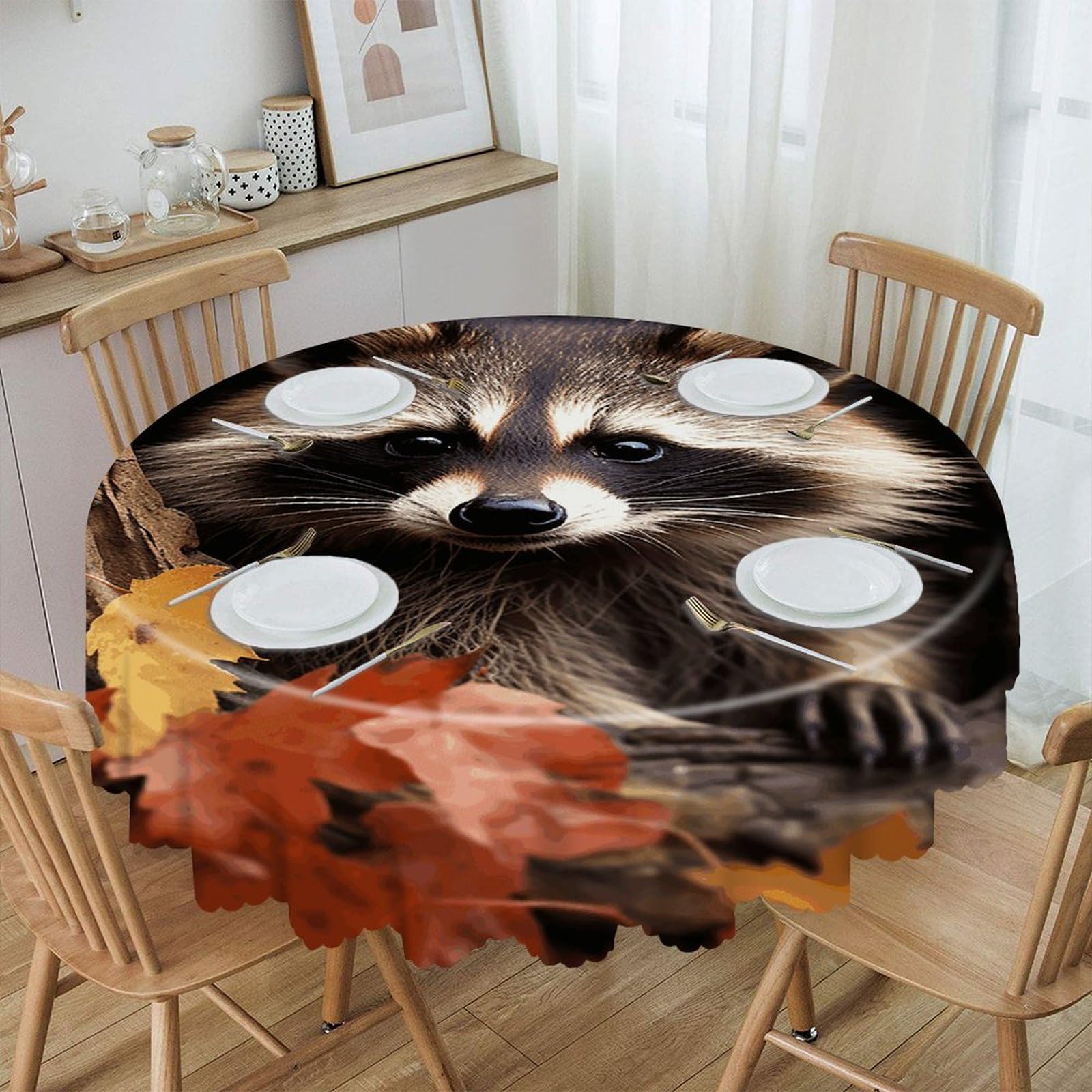 VstaDank Raccoon in The Fall Tree Hole Round Tablecloth Premium Polyester Table Cloth Heavy Duty Washable Fabric Tablecloth Waterproof Holiday Table Cover Decorative Tablecloths for Dining 60"