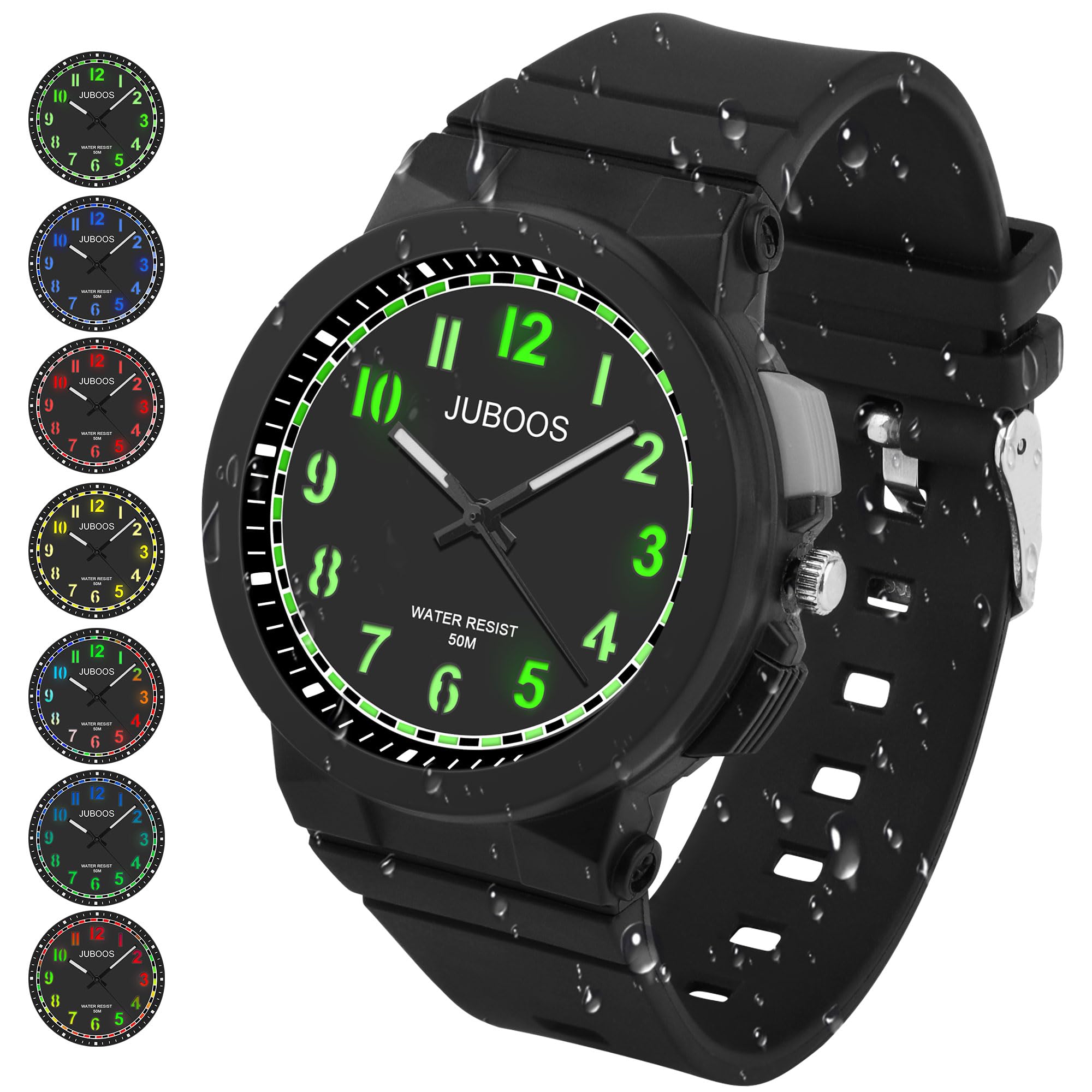 Juboos Kid's Analog Watch for Boys and Girls, 5ATM/50M Waterproof Quartz Children's Watch with 7 Colorful LED Light, Outdoor Sports Watch Suitable for Teenagers Aged 8-16 (Black)
