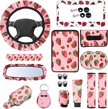 23 Pcs Leopard Print Car Accessories,Including License Plate Frame,Rearview Mirror Decoration,Etc,Suitable for Sedan,SUV and Other,Cute Car Interior Set for Women Pink Strawberry