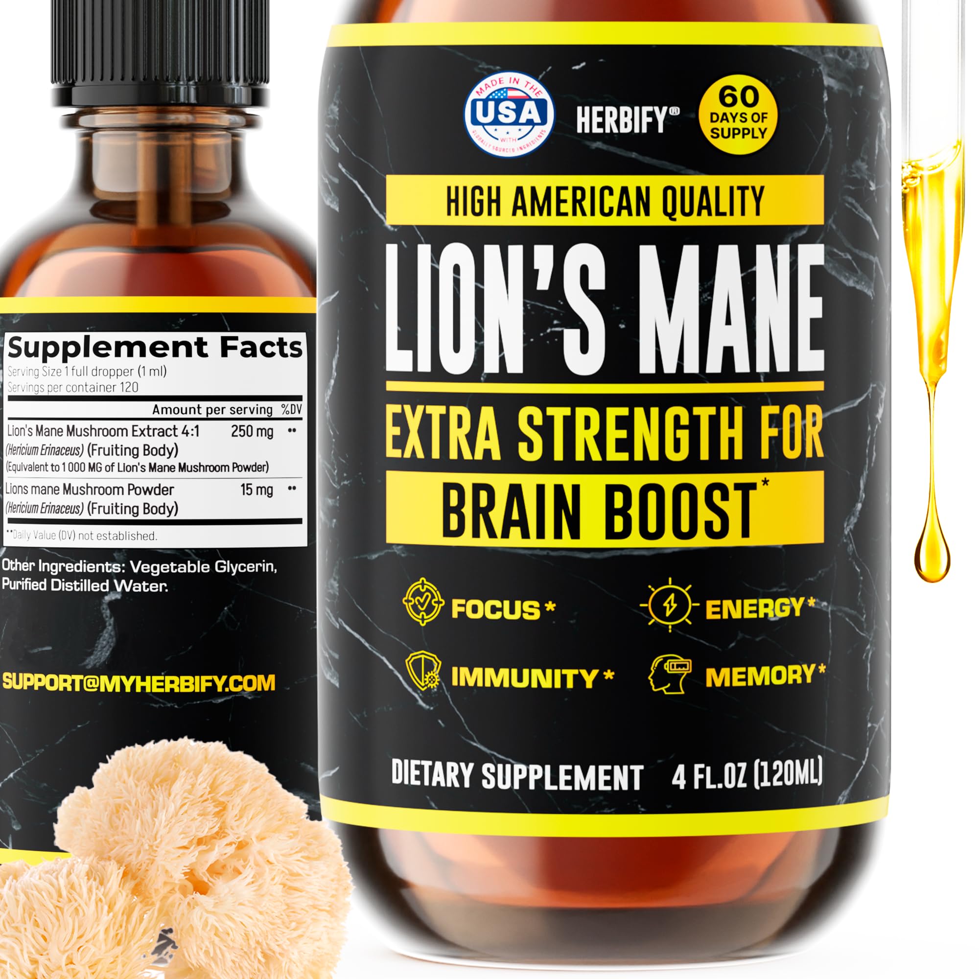 Lions Mane - Lions Mane Mushroom Supplement- Lions Mane Tincture - Natural Immune Support - Lions Mane Tincture for Memory, Focus & Clarity - Daily Mushroom Supplement - Vegan, Organic - 4 Fl oz