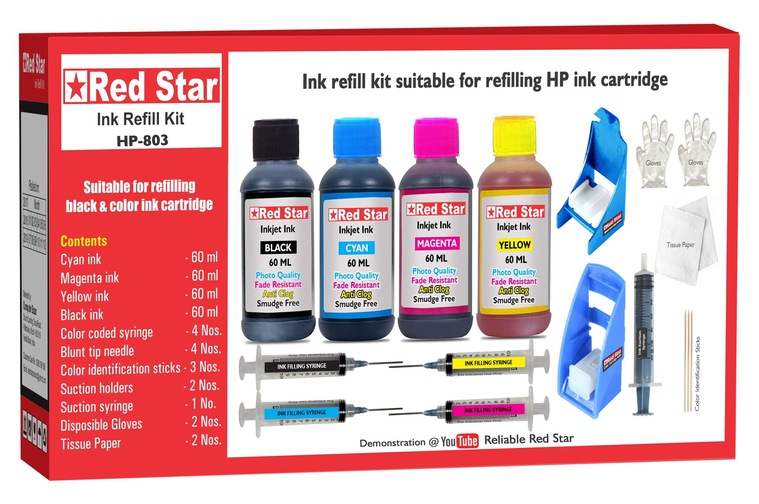 Red Star Ink Refill kit Combo Pack Compatible for HP 803 Black & Color Ink Cartridge with 240ml specialy formulated Ink, Suction & Filling Tools (B078T961HN) Amazon Price History, Amazon Price Tracker