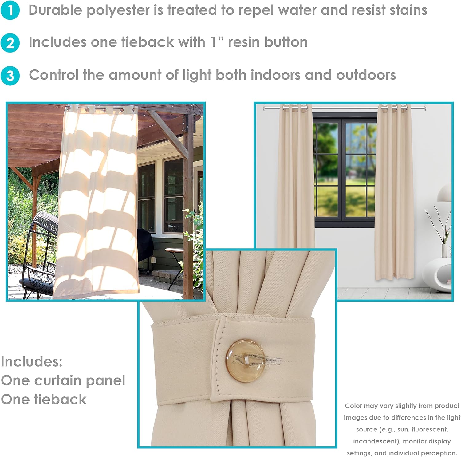 Sunnydaze 52-Inch x 96-Inch Light-Filtering Indoor/Outdoor Curtain - Water-Resistant - Beige