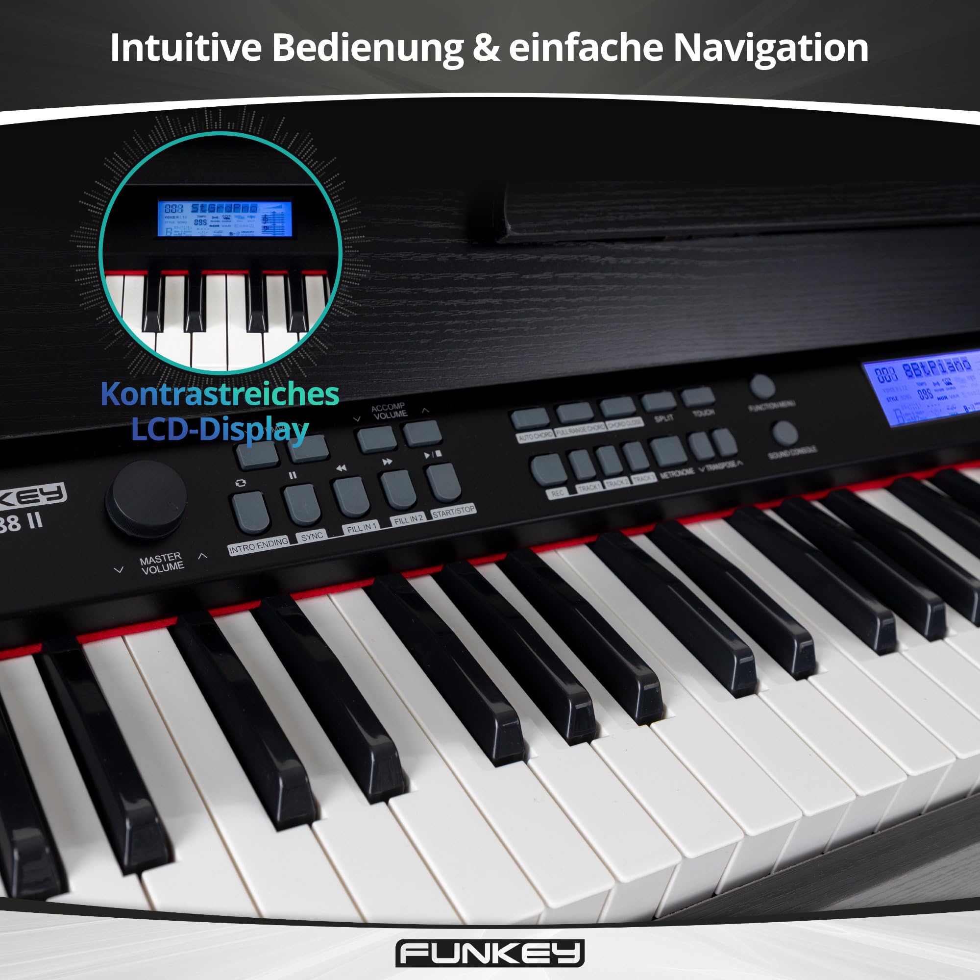 FunKey DP-88 II Digitalpiano Set (88 anschlagsdynamische Tasten, 360 Sounds, 160 Styles, MP3-Player, inkl. Keyboardbank, Kopfhörer und Klavierschule) schwarz