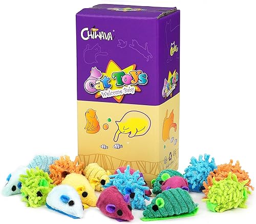 CHIWAVA 27 ratones de juguete para gatos de 2 pulgadas a rayas con sonajero surtido pequeño ratón interactivo para gatos de interior mezcla de