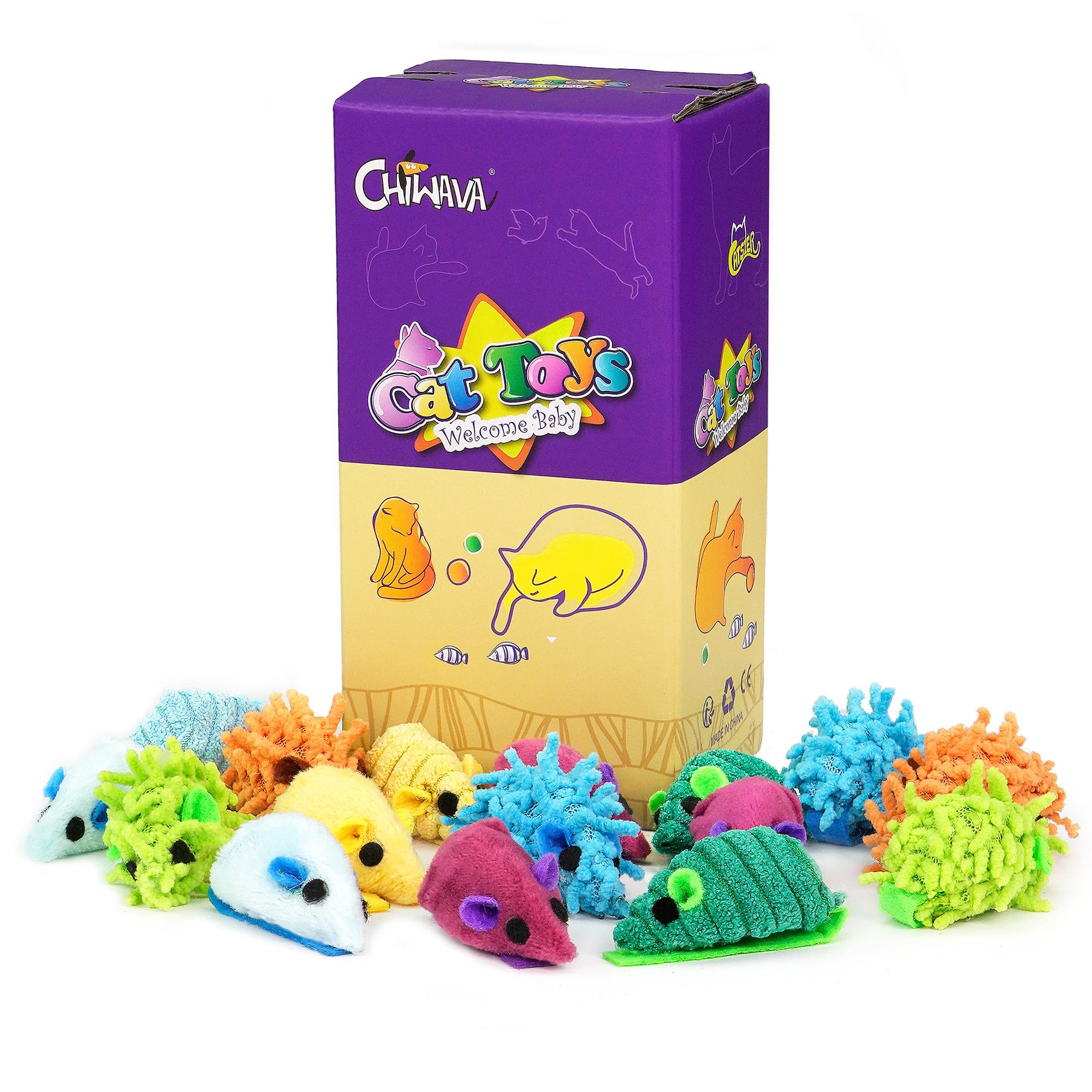 CHIWAVA 27PCS 2" Striped Shaggy Cat Toy Mice with Rattle Assorted Small Mouse Interactive Play for Indoor Cats Mix Color