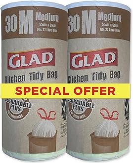 Kitchen Tidy Degradable Plus Garbage Bag, Dual Pack 30 Medium Black Trash Bags, Easy Closure and Removal, Strong and Durable, Odor Eliminating Garbage Bags