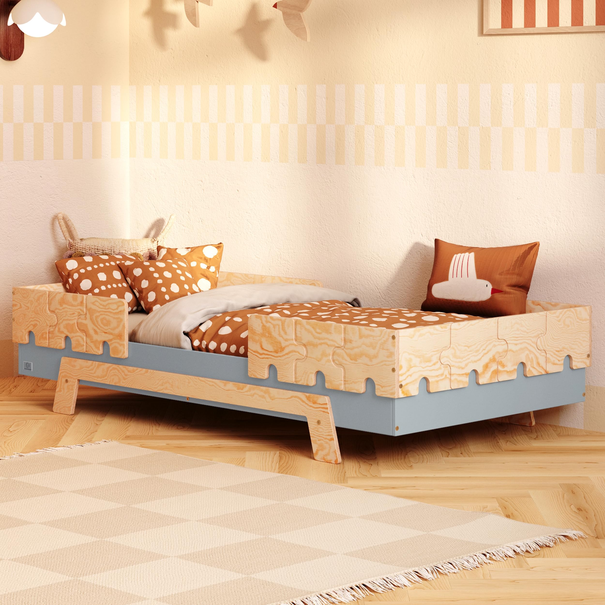smartwood Łóżko dziecięce 70x160 ze stelażem, Sosna, Niebieski, PUZZLE BR2 | Łóżko Montessori 6 w 1, dwie barierki, nośność do 230 kg, sklejka sosnowa FSC, zaokrąglone krawędzie, łatwy montaż, od 3 lat