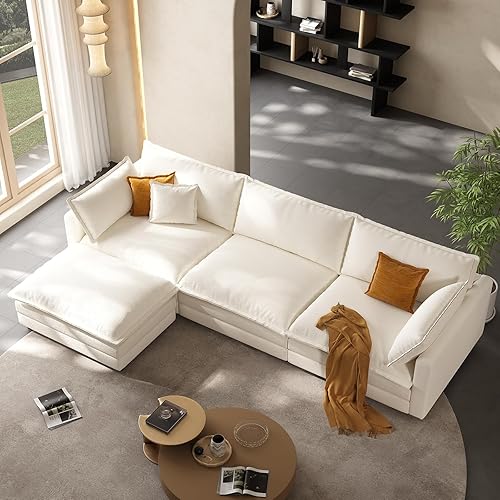 Miniatura 7 de Sofá modular de 102 pulgadas, color beige, sofás de nube para sala de estar, sofá en forma de L con otomana móvil, modernos sofás seccionales de