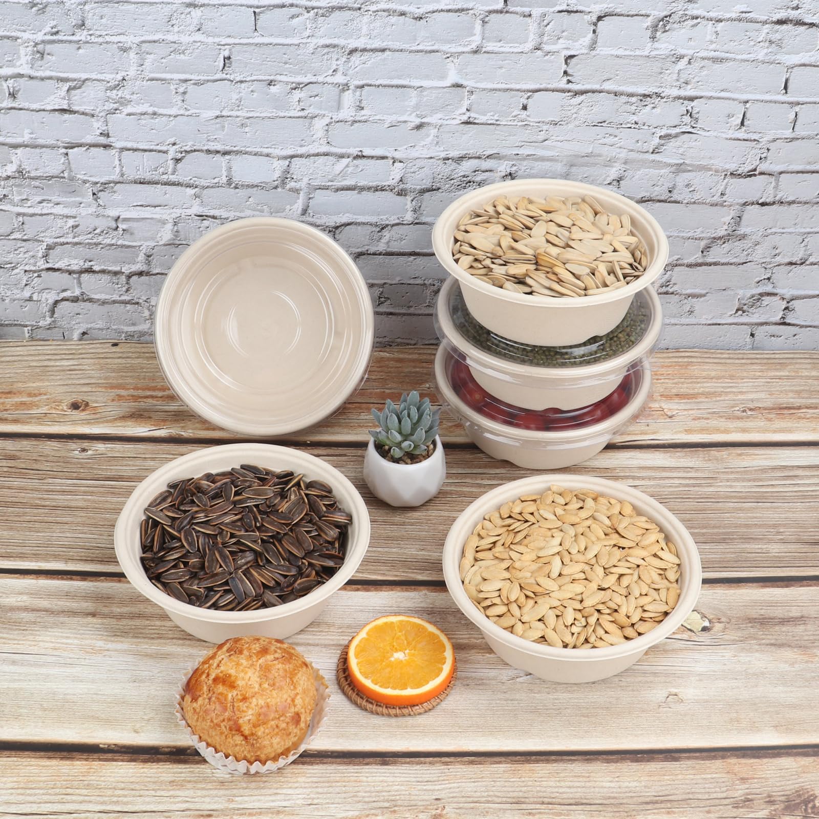 Cuencos desechables redondos de 887 ml con tapas, cuencos de papel de fibra de caña de azúcar para llevar, recipientes de alimentos, fibras vegetales, aptos para congelador, paquete de 50
