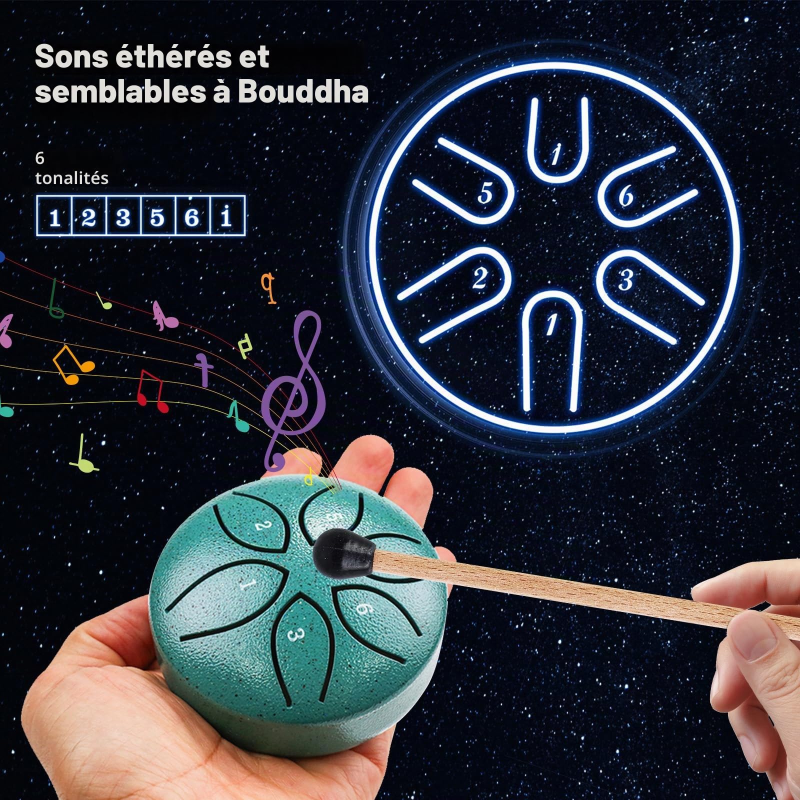 Lot de 2 mini tambours à langue en acier - 6 tons - 6 tons - Avec maillets - Pour concert, méditation, yoga, guérison par le son - Pour adultes